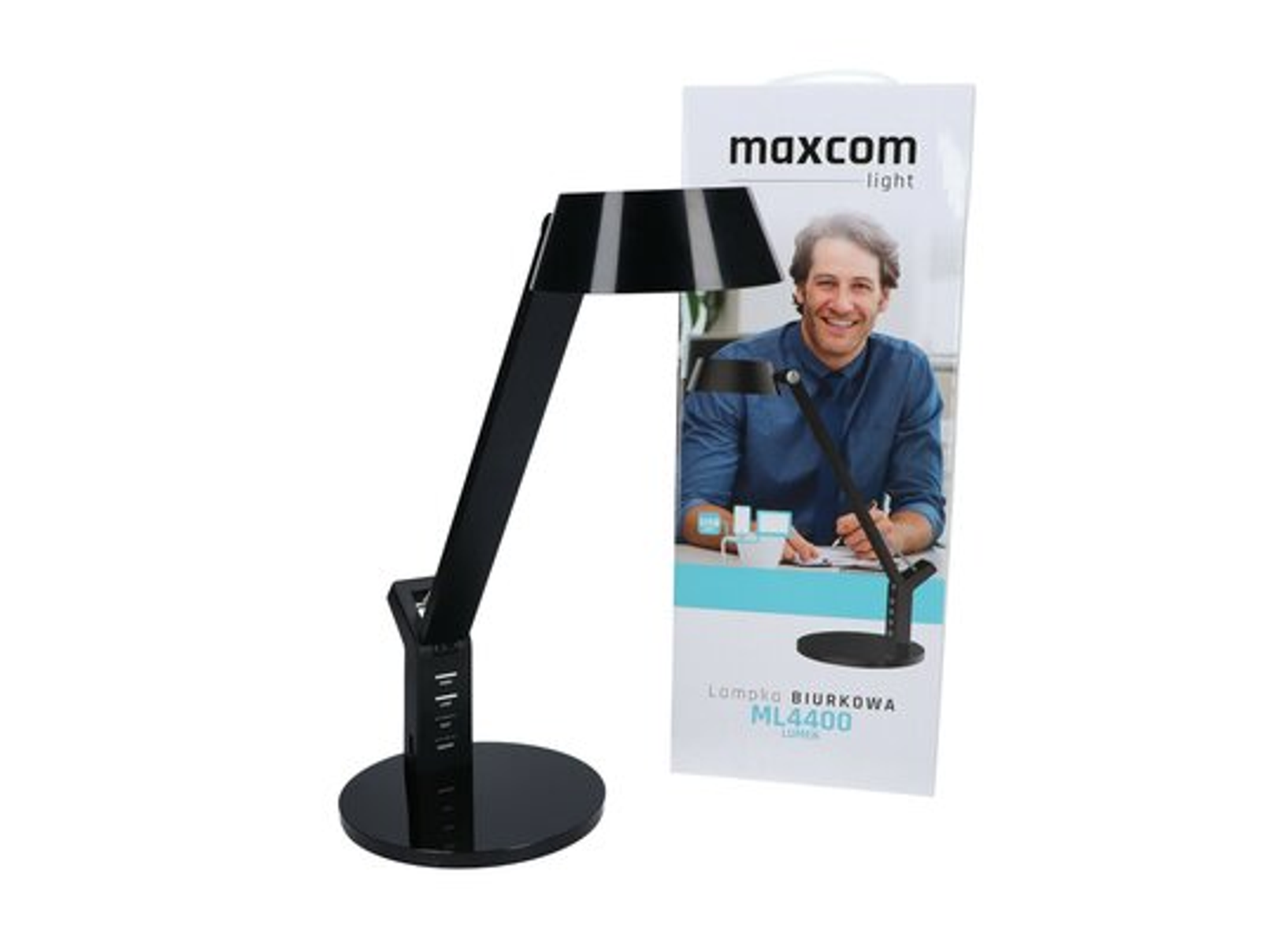 Schwarze Schreibtischlampe mit einem Mann auf der Verpackung.