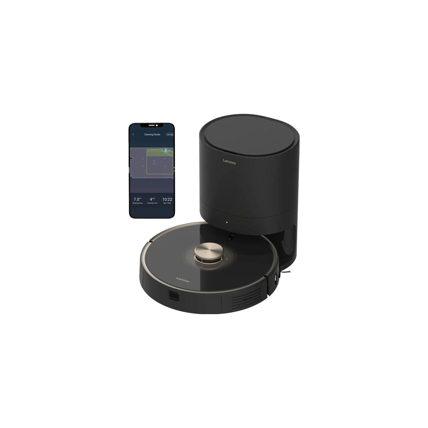 Schwarzer Roboterstaubsauger mit Ladestation und Handy mit App.