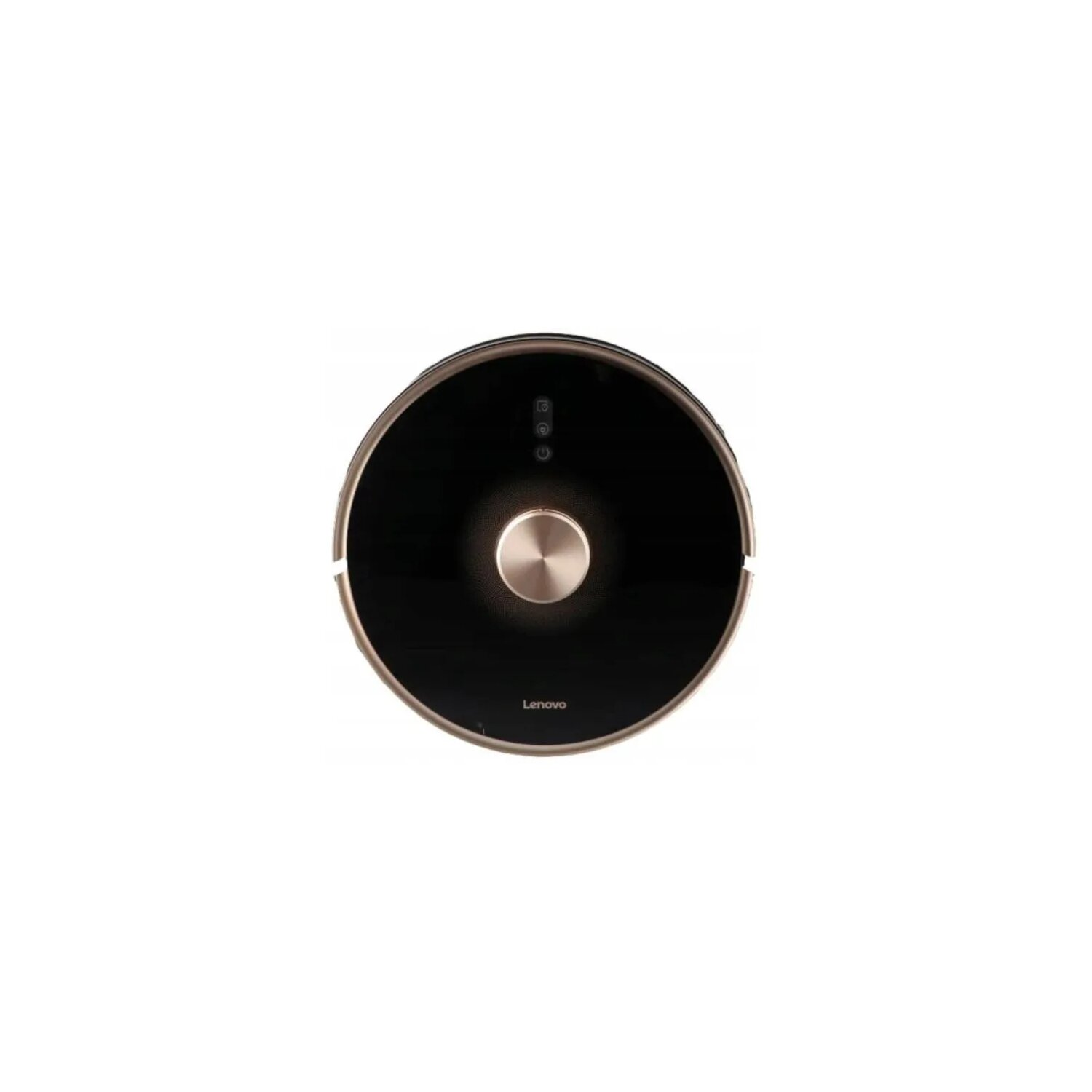Draufsicht auf einen schwarzen und goldenen Lenovo Roboter-Staubsauger auf weißem Hintergrund.