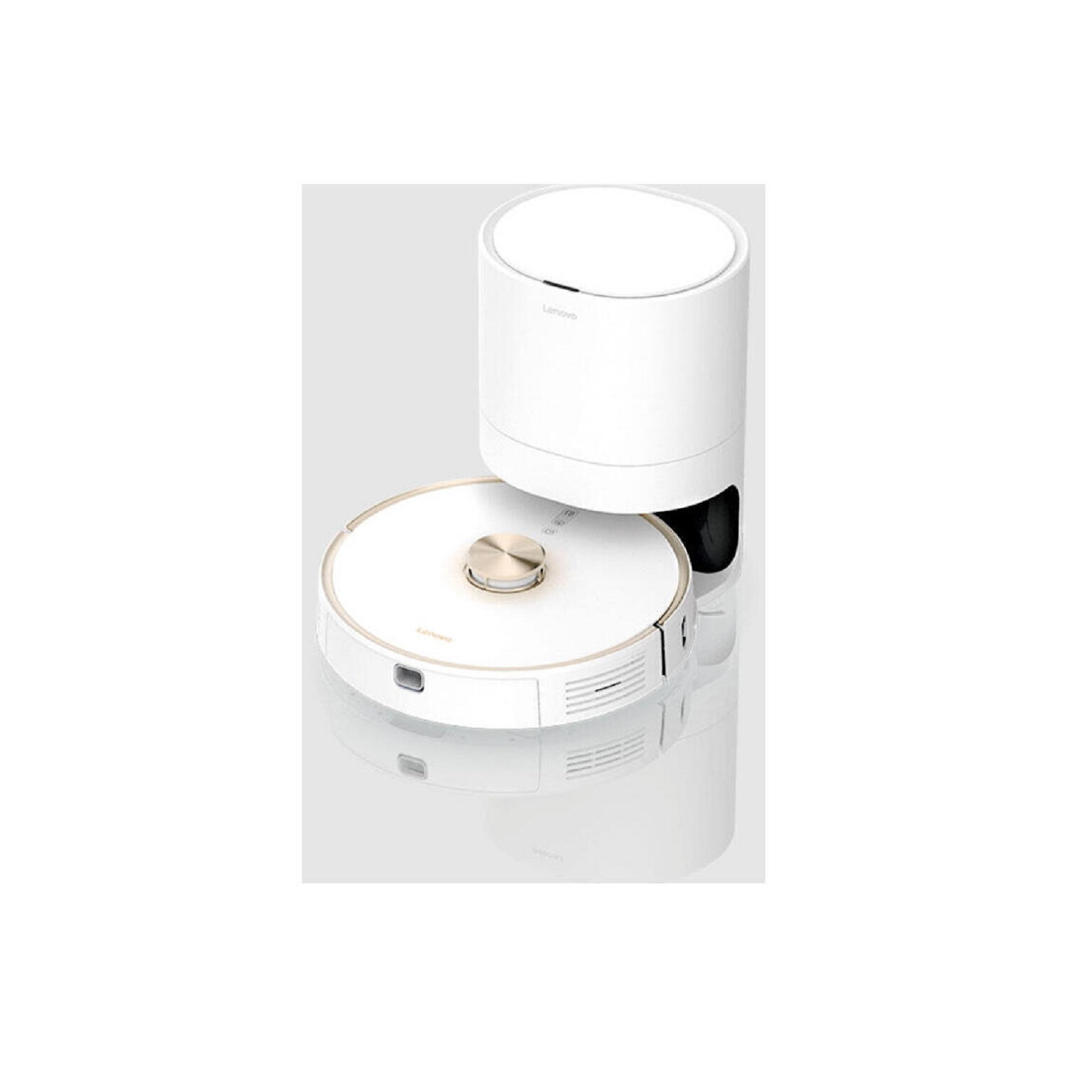 Ein weißer Roboter-Staubsauger mit runder Basis und Ladestation. Der Staubsauger hat einen goldenen Akzent.