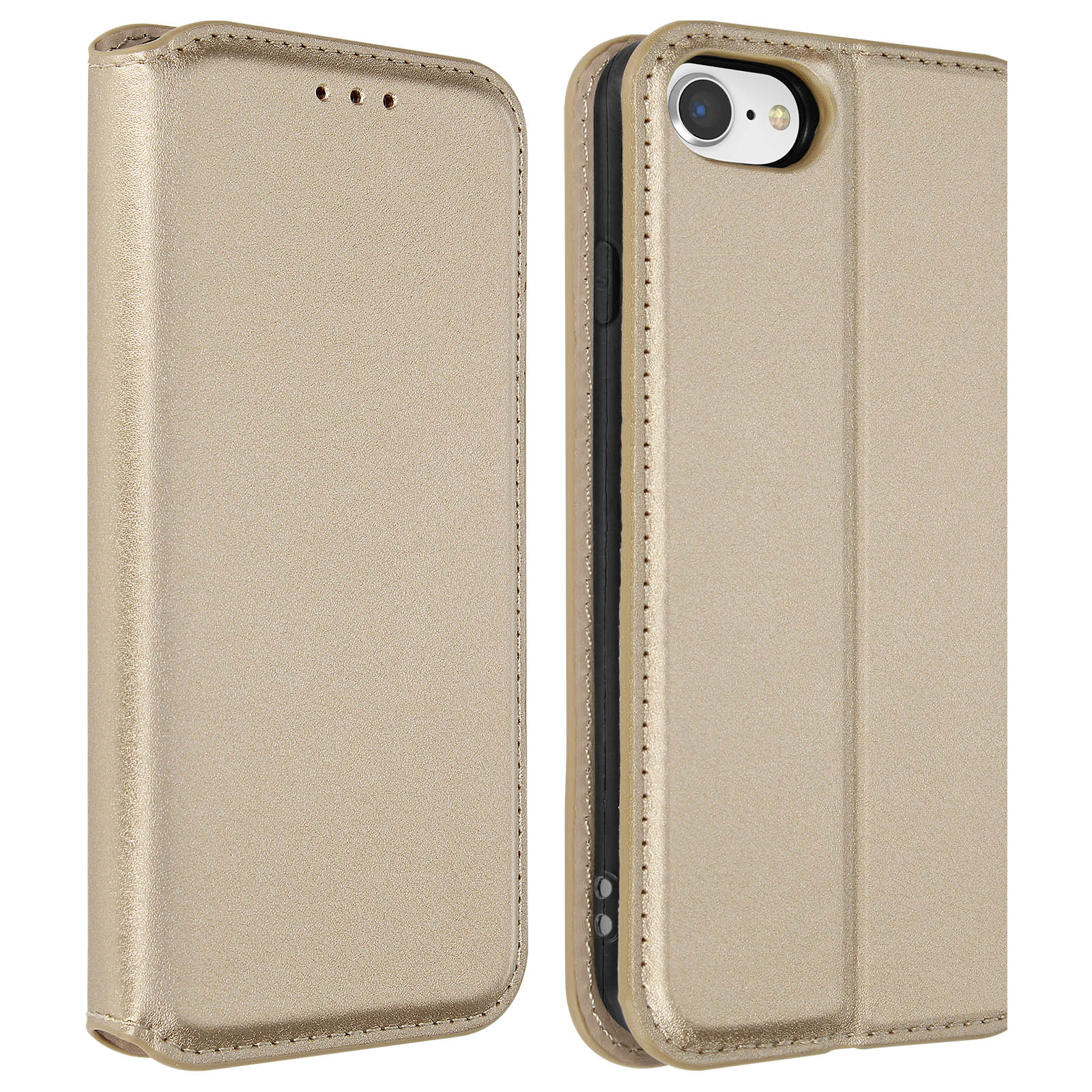 Gouden telefoonhoesje met open en gesloten weergave, zijkant van telefoon.