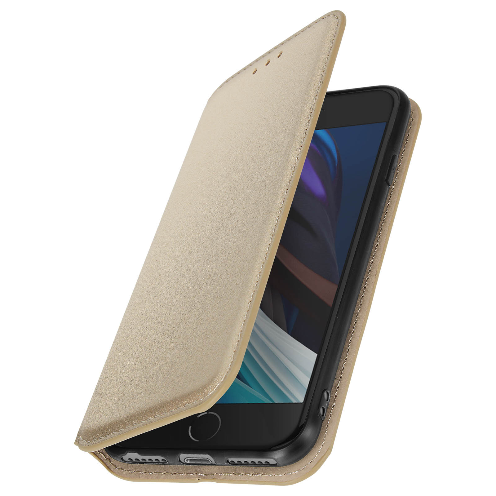 Beige telefoonhoes, open, met een zwarte telefoon. De hoes is van leer.