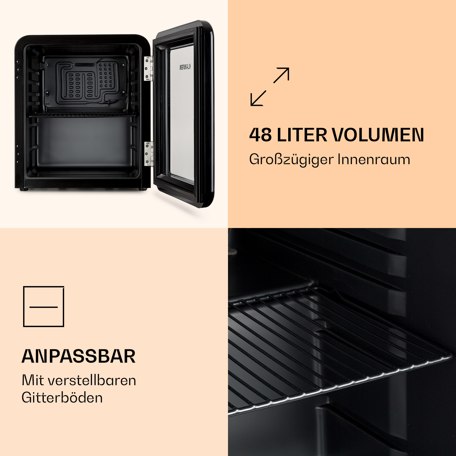 Diagrama de un mini refrigerador negro, con la puerta abierta. Muestra estantes y el interior. Texto: 48 Liter Volumen.