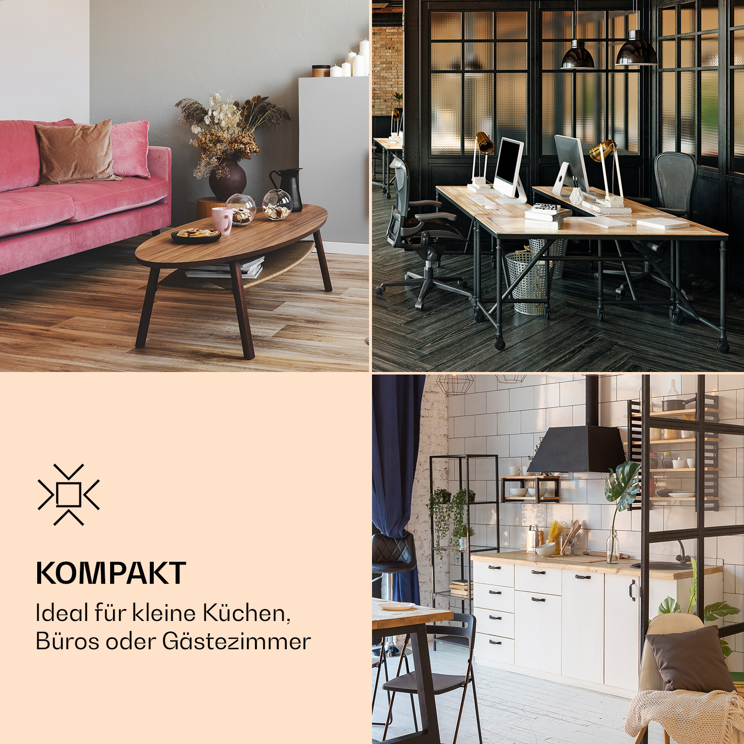 Un collage de imágenes que muestran habitaciones. Incluye una sala de estar, una oficina y una cocina. Texto: Kompakt. Ideal para espacios pequeños.