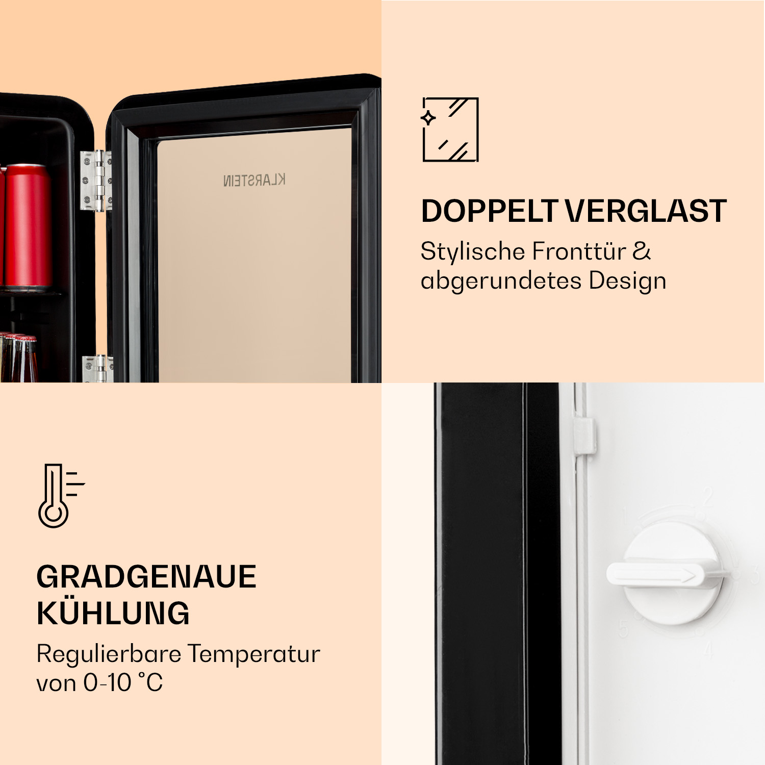 Diagrama de un mini frigorífico negro. Muestra la puerta, el interior y un primer plano. Texto: Doppelt verglast. Gradgenaue Kühlung.