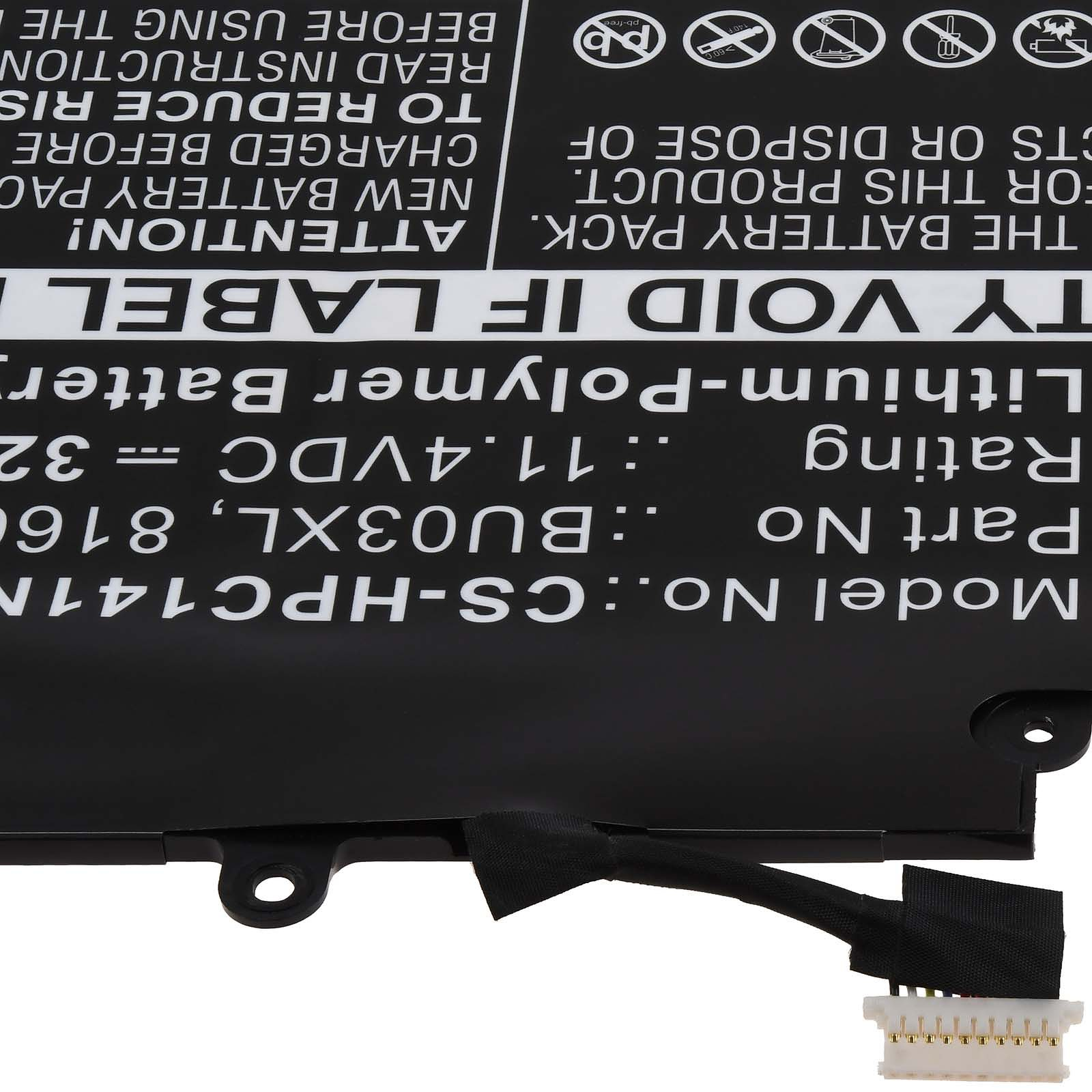 Batterieetikett mit Text. Schwarzer Hintergrund, weißer Text. Kabel und Anschluss unten.