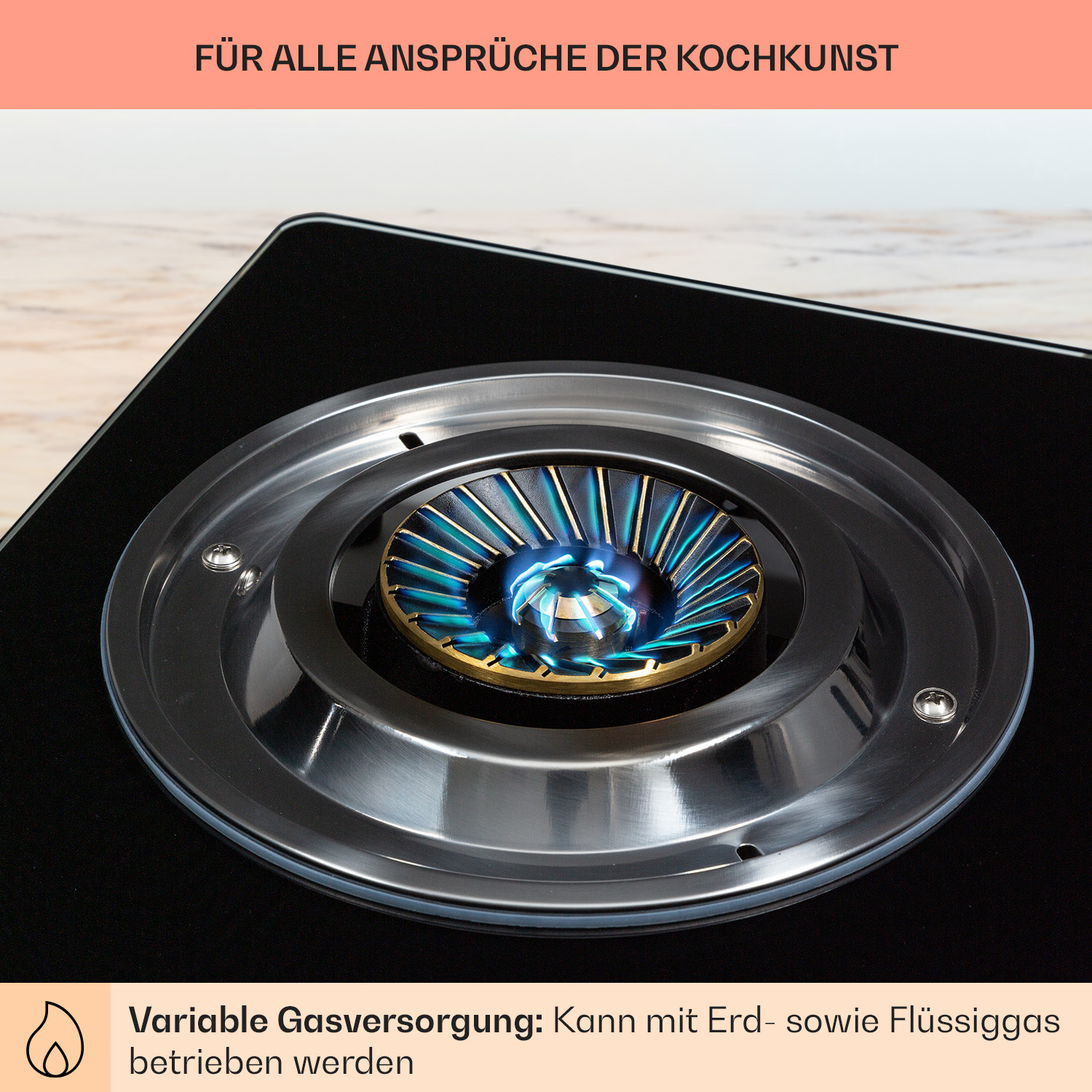 Gasherd Brenner mit blauer Flamme und Silberring, schwarze Oberfläche.