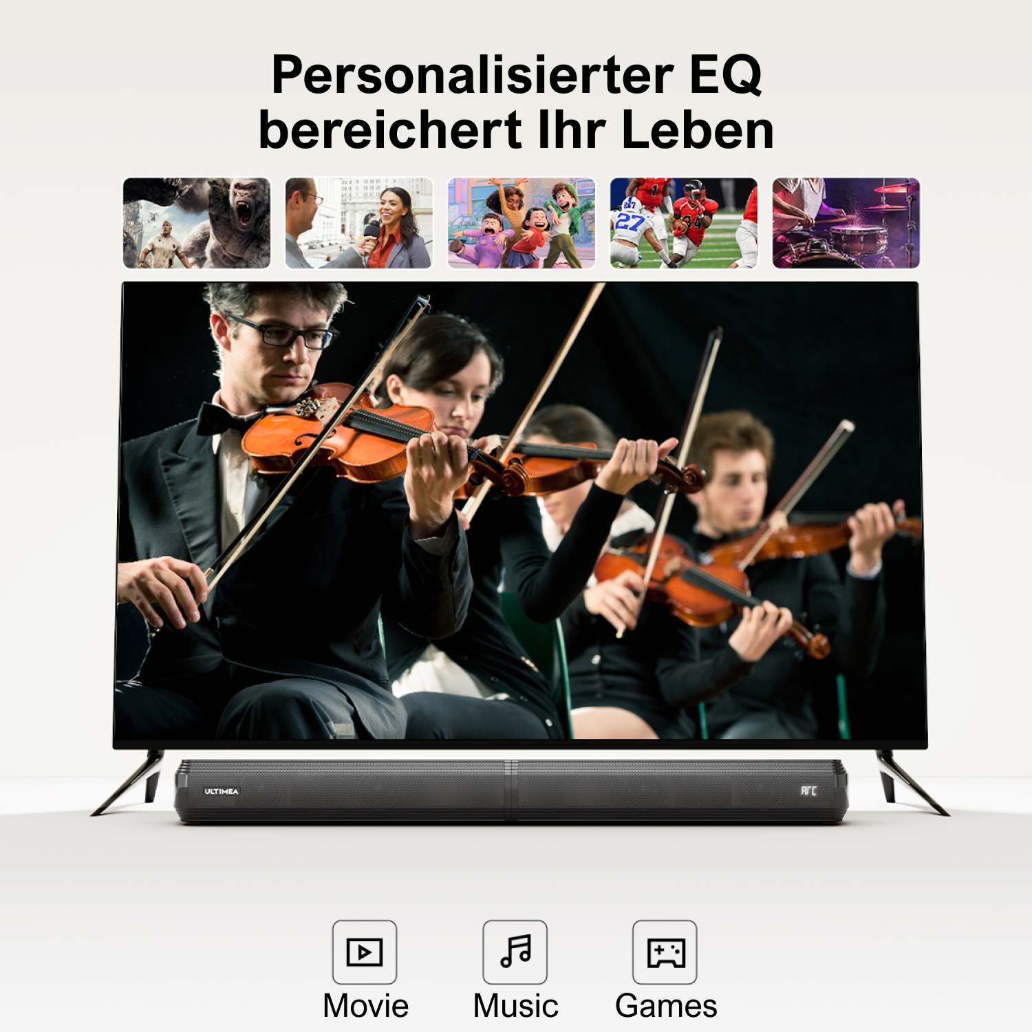 TV-Bildschirm mit verschiedenen Szenen, Soundbar darunter. Text: Personalisiertes EQ bereichert Ihr Leben.