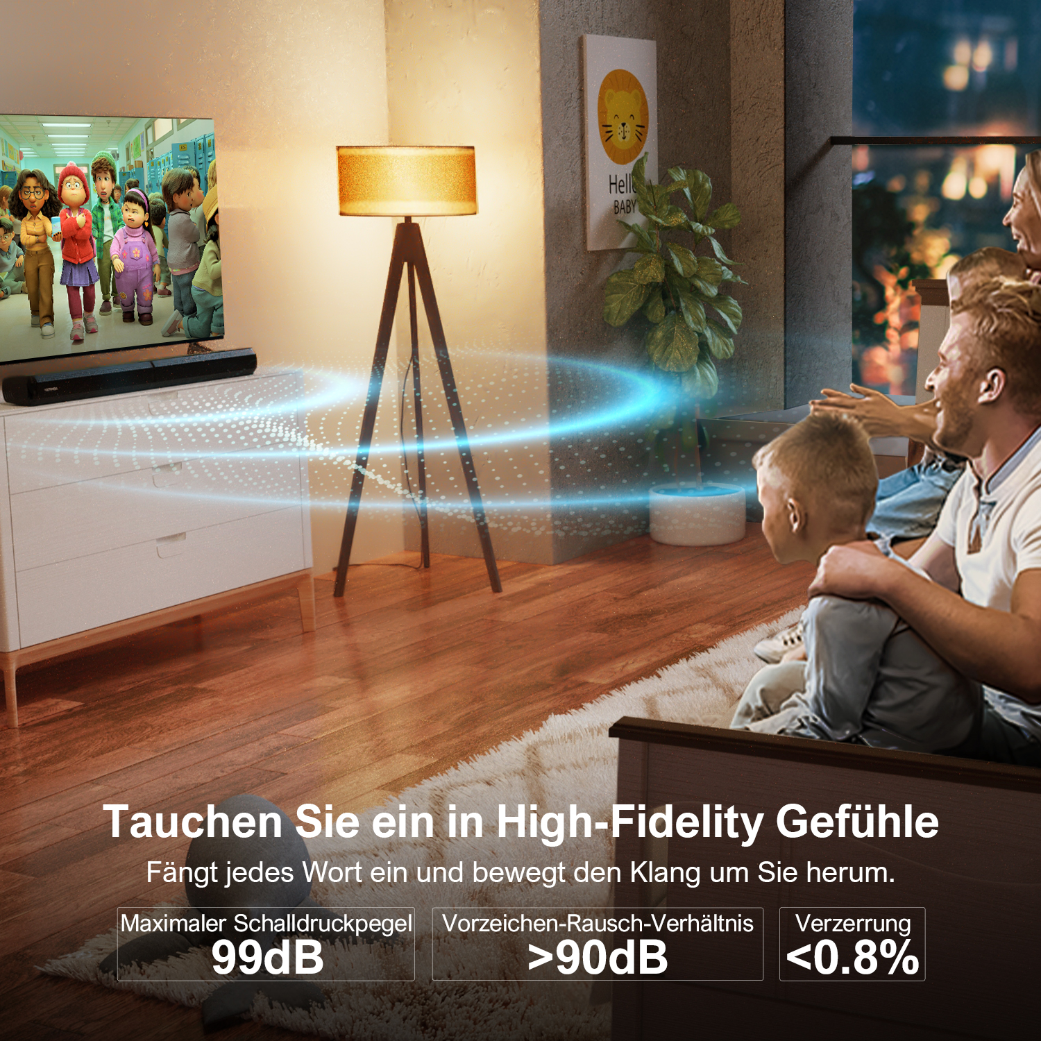 Familie schaut Fernsehen mit Zeichentrickfilm. Eine Stehlampe steht im Hintergrund.