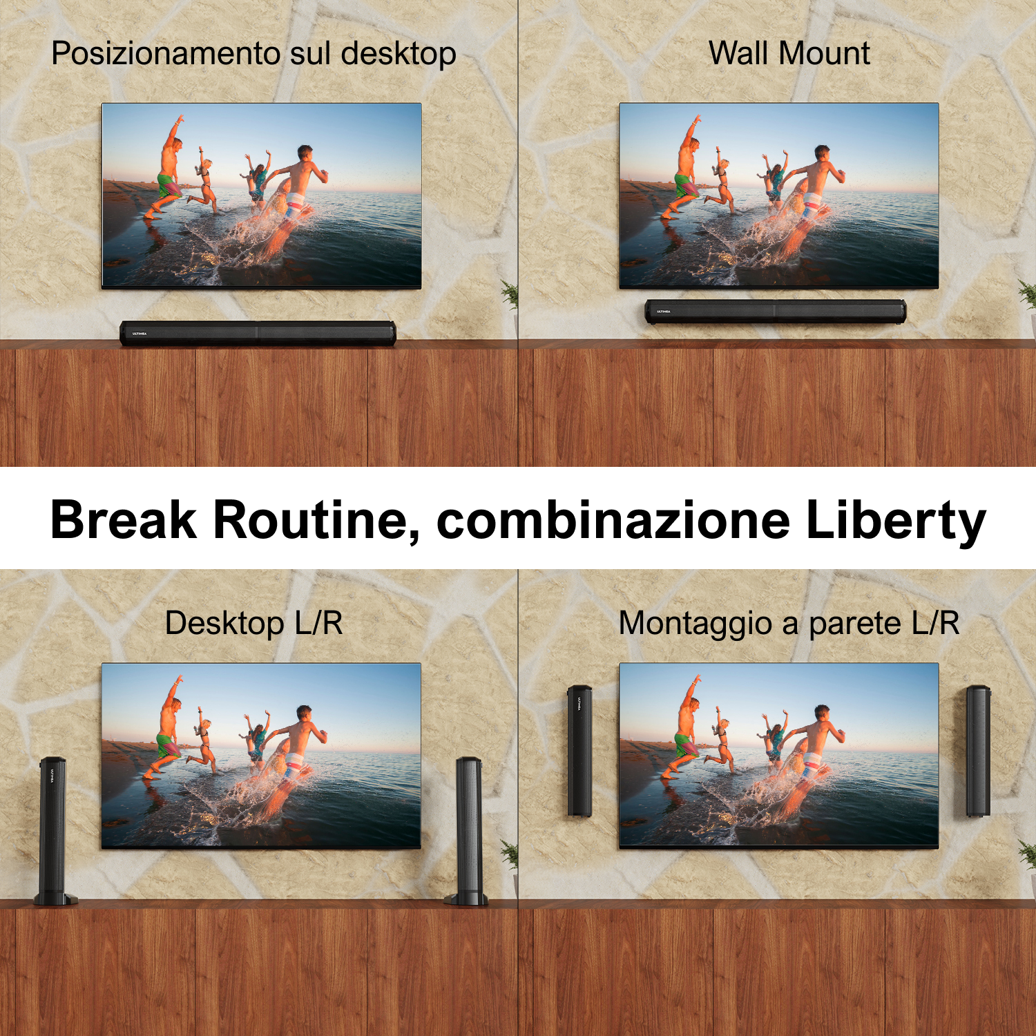 Cztery obrazy z telewizorami i soundbarami, zatytułowane "Break Routine, combinazione Liberty" po włosku.