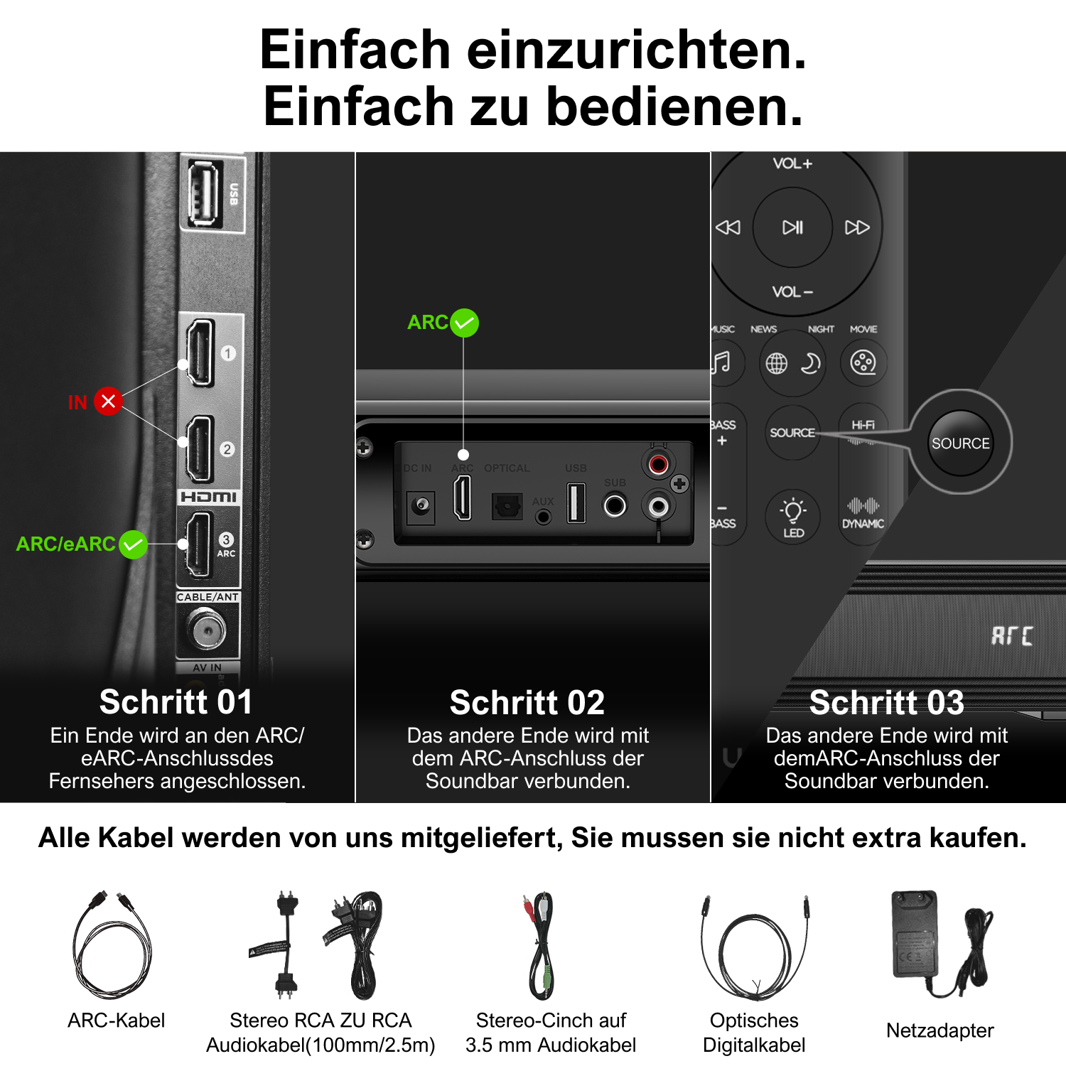 Diagramm, das erklärt, wie man eine Soundbar mit Kabeln an einen Fernseher anschließt.
