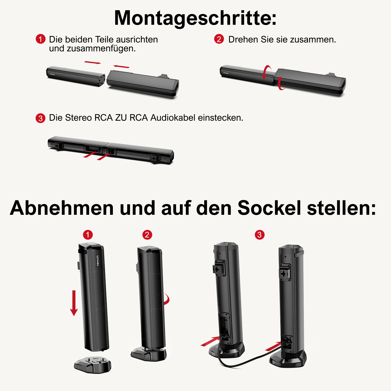 Diagramm zur Montage einer Soundbar mit abnehmbarem Design, mit 3 Schritten und Beschriftungen.