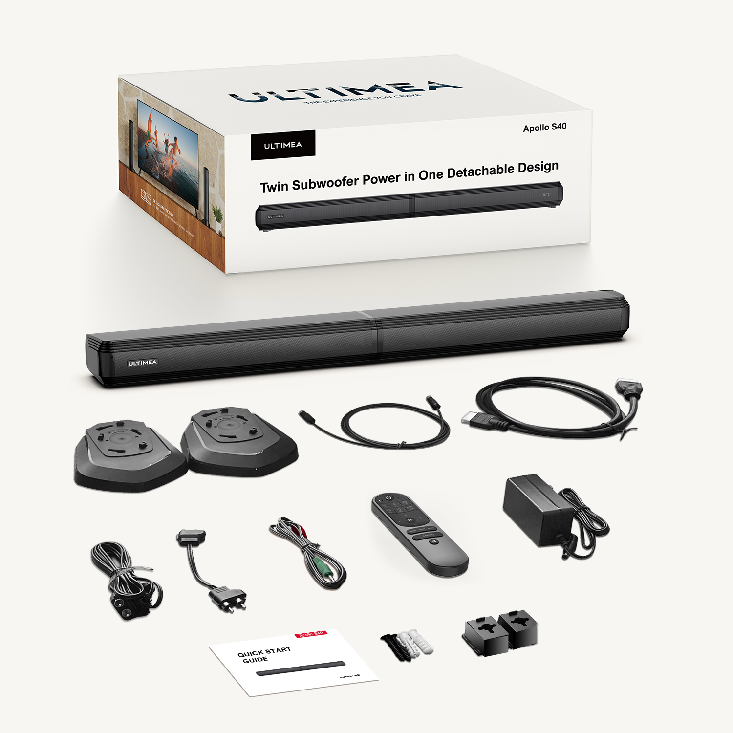 ULTIMEA Soundbar-Set mit Box, Soundbar, Subwoofer, Kabeln und Zubehör.