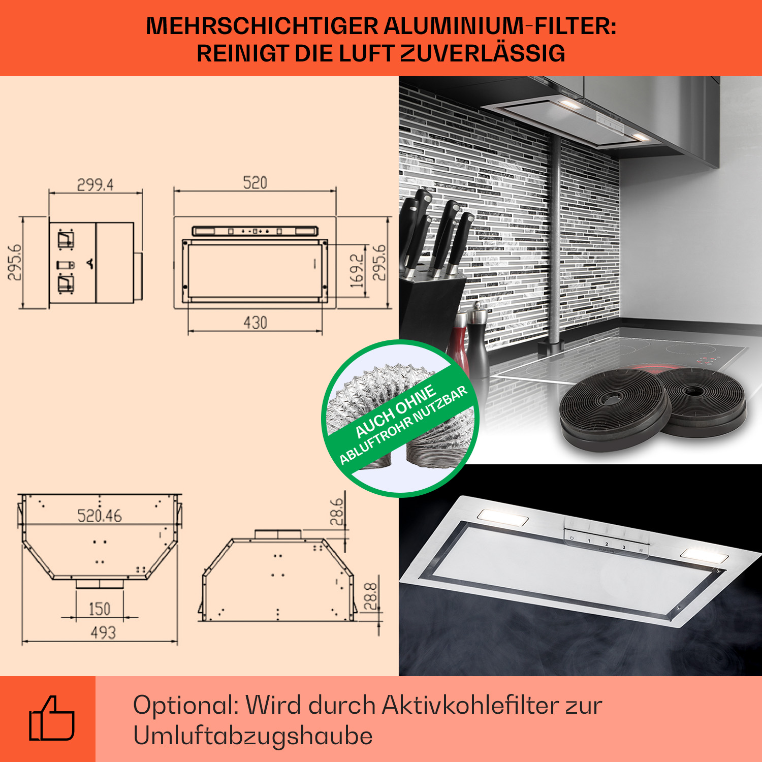 Un diagramma che mostra una cappa da cucina con dimensioni e dettagli tecnici.