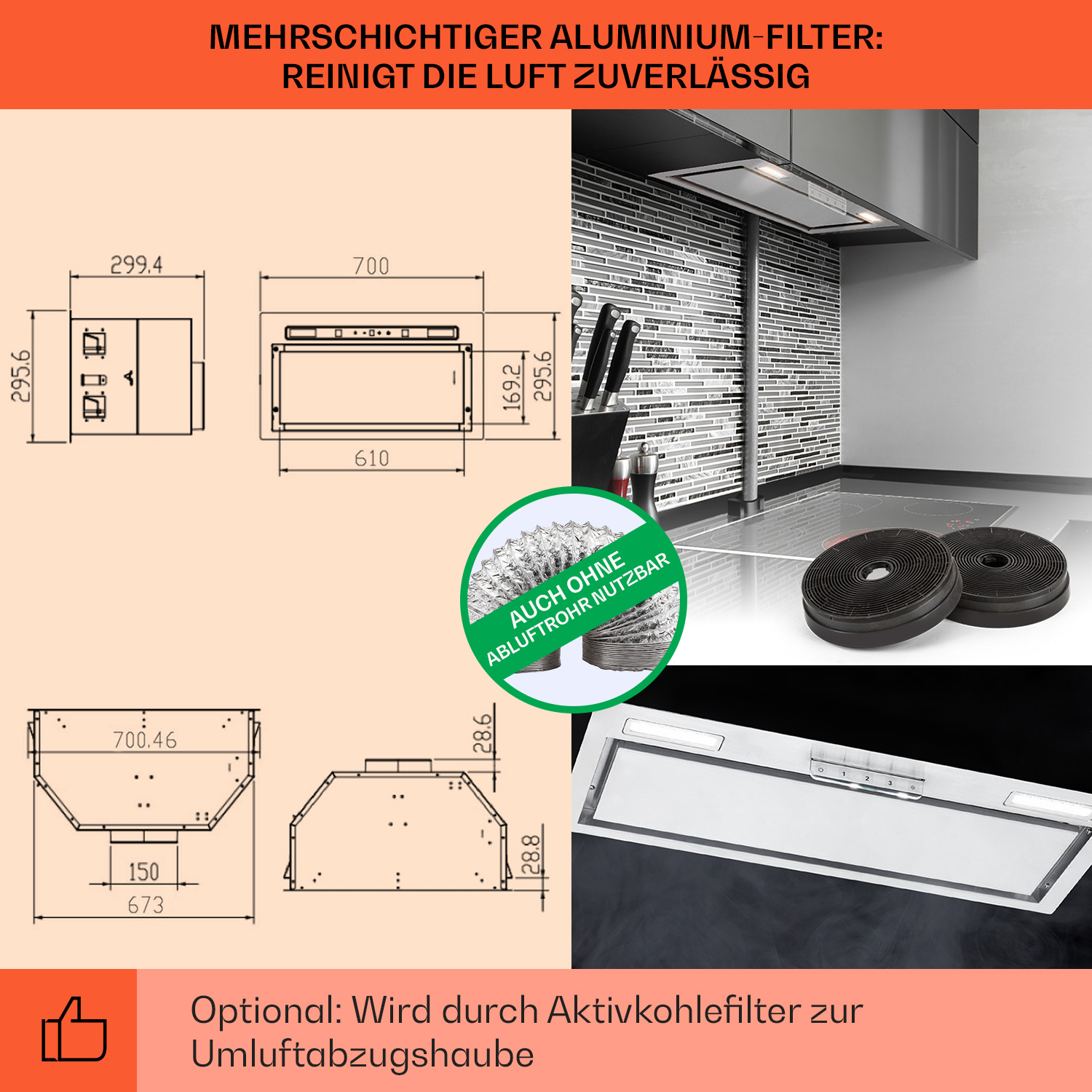 Disegni tecnici e una scena di cucina. Filtro e ventilazione sono mostrati. Il testo etichetta il filtro.