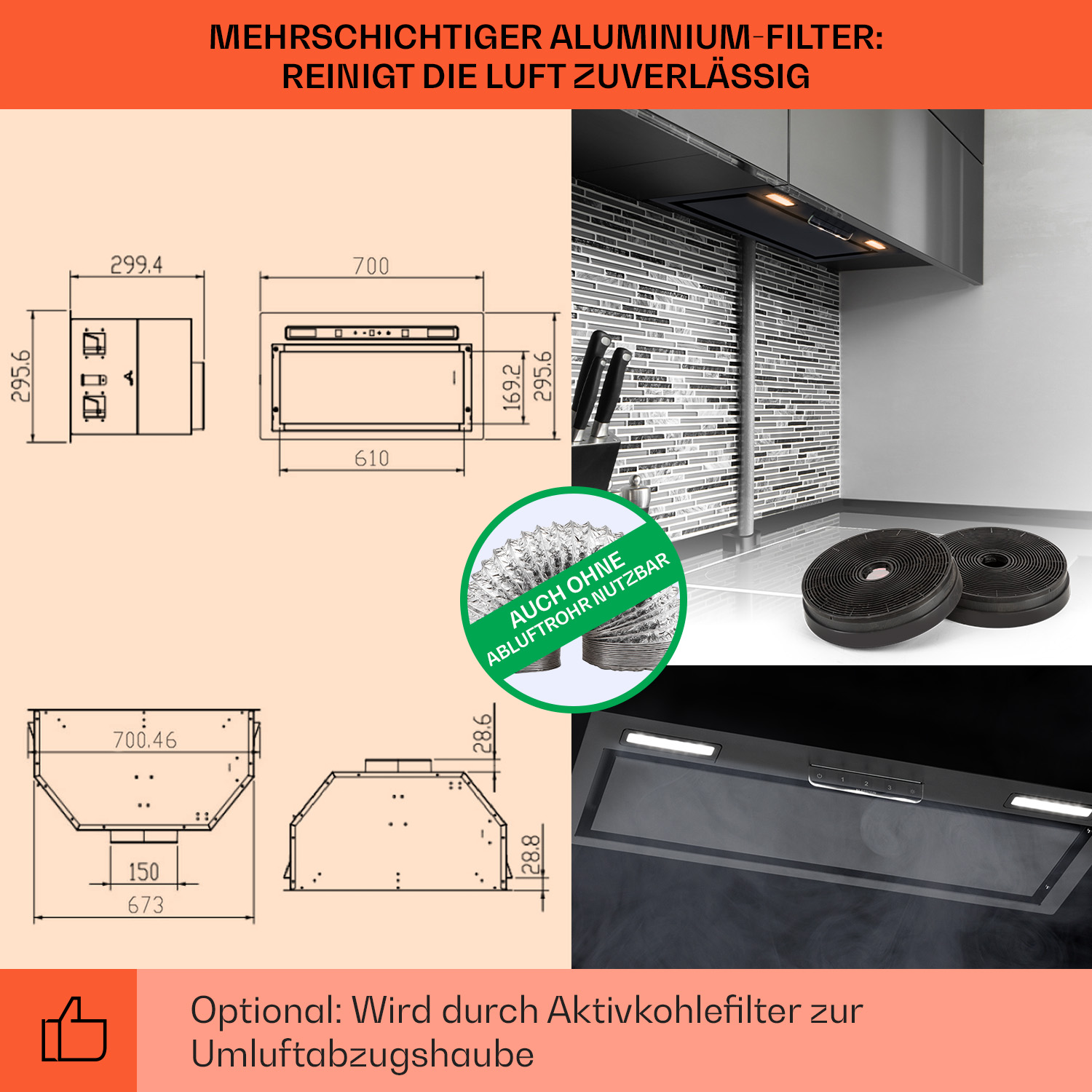 Diagrammi e una foto di una cappa da cucina che mostra dimensioni, flusso d'aria e opzioni di filtro a carbone.
