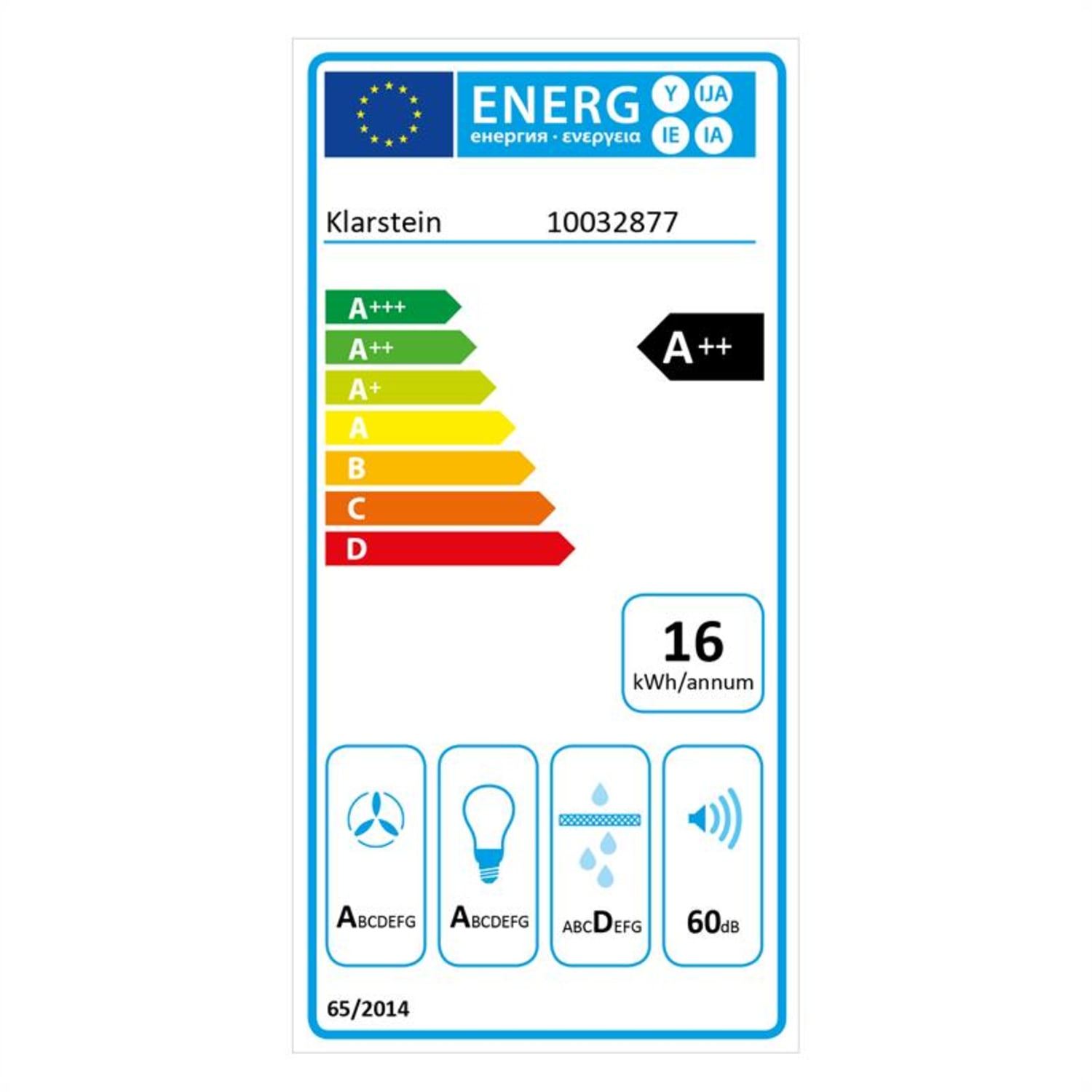 Energielabel für ein Gerät, mit Bewertungen von A+++ bis D und anderen Symbolen.
