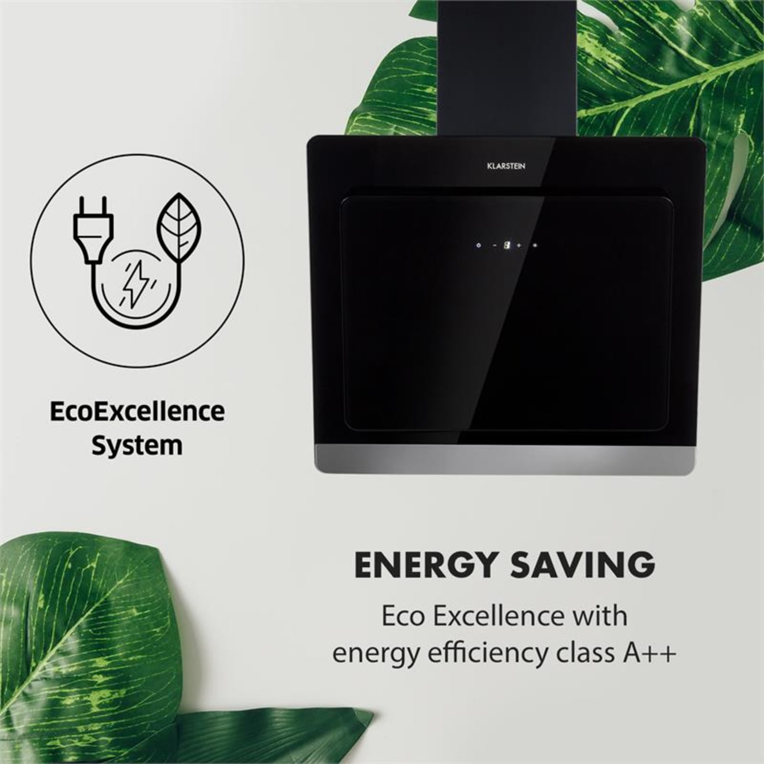 Schwarze Küchenabzugshaube. Verfügt über ein umweltfreundliches System und A++ Energieeffizienz.
