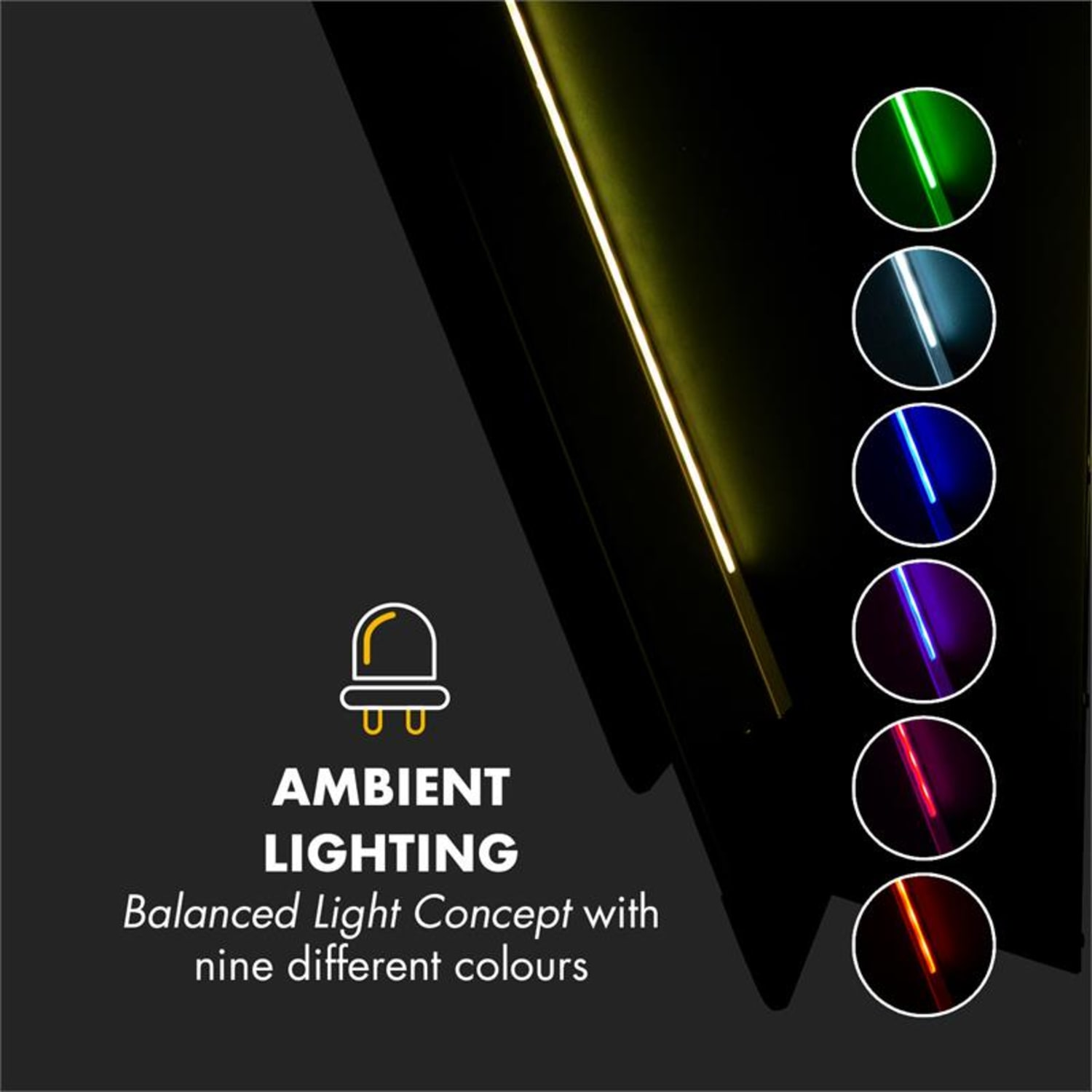 Schwarze Oberfläche mit vertikalem Lichtbalken und neun farbigen Lichtkreisen.