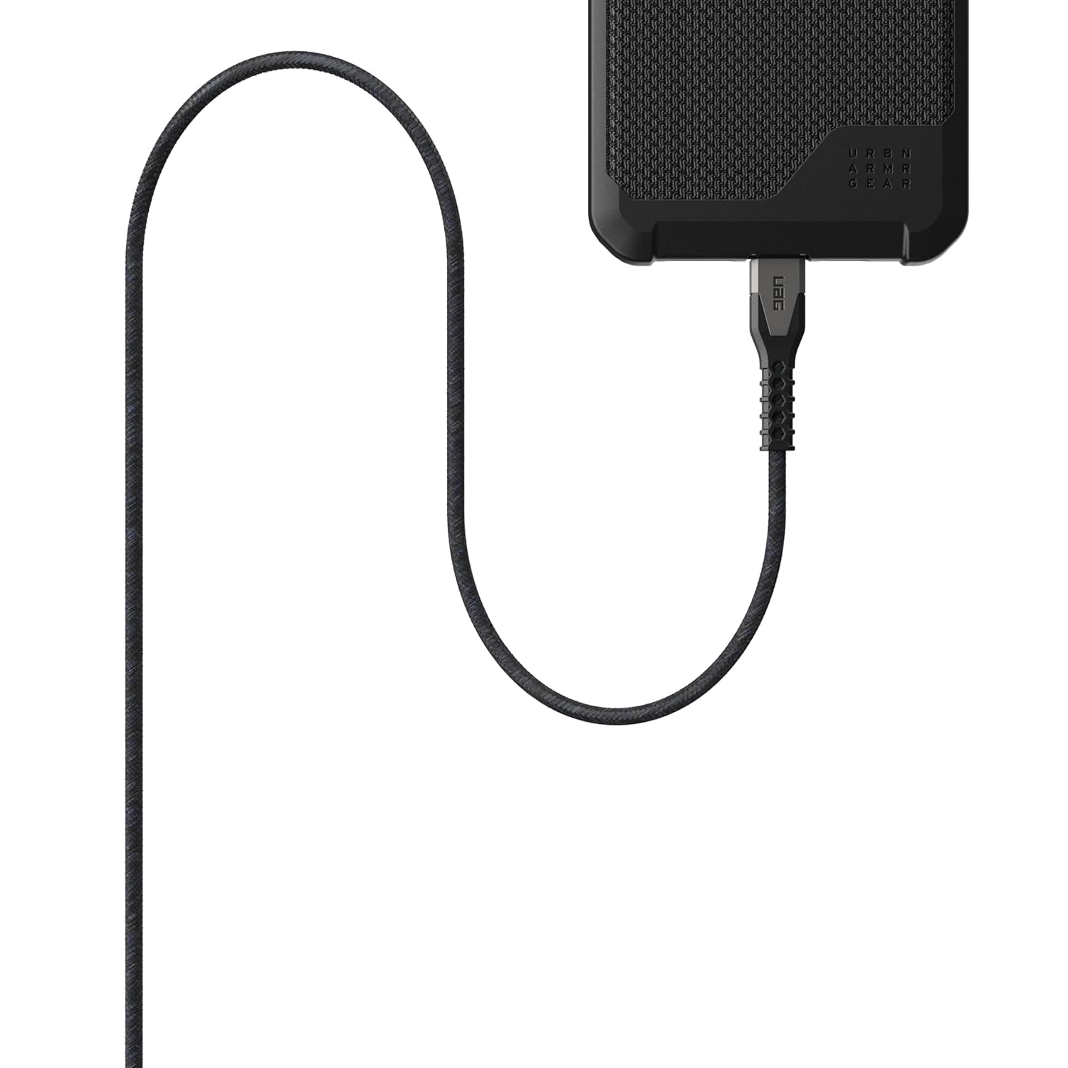 Czarne etui na telefon z podłączonym kablem. Kabel jest przymocowany do telefonu.