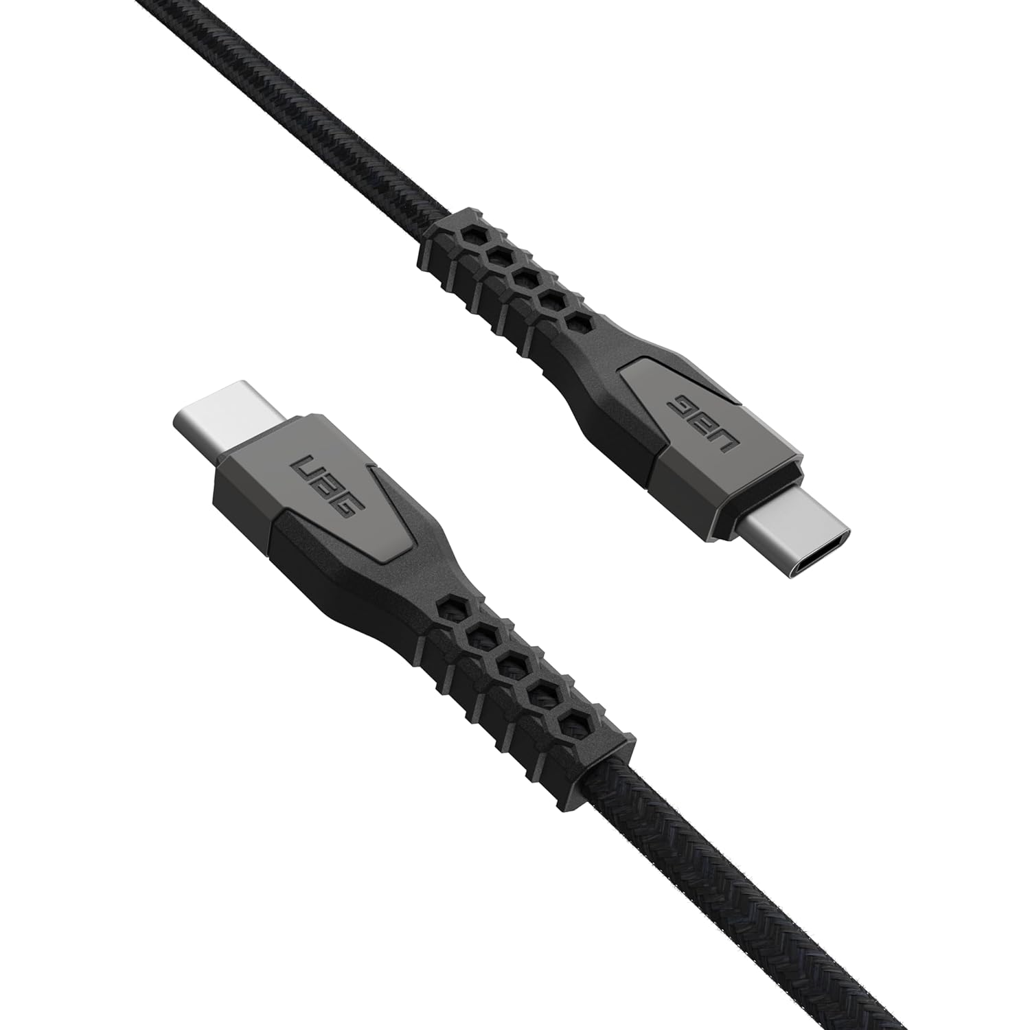 Czarny kabel ładujący USB-C z marką UAG. Kabel jest teksturowany i posiada złącza USB-C.