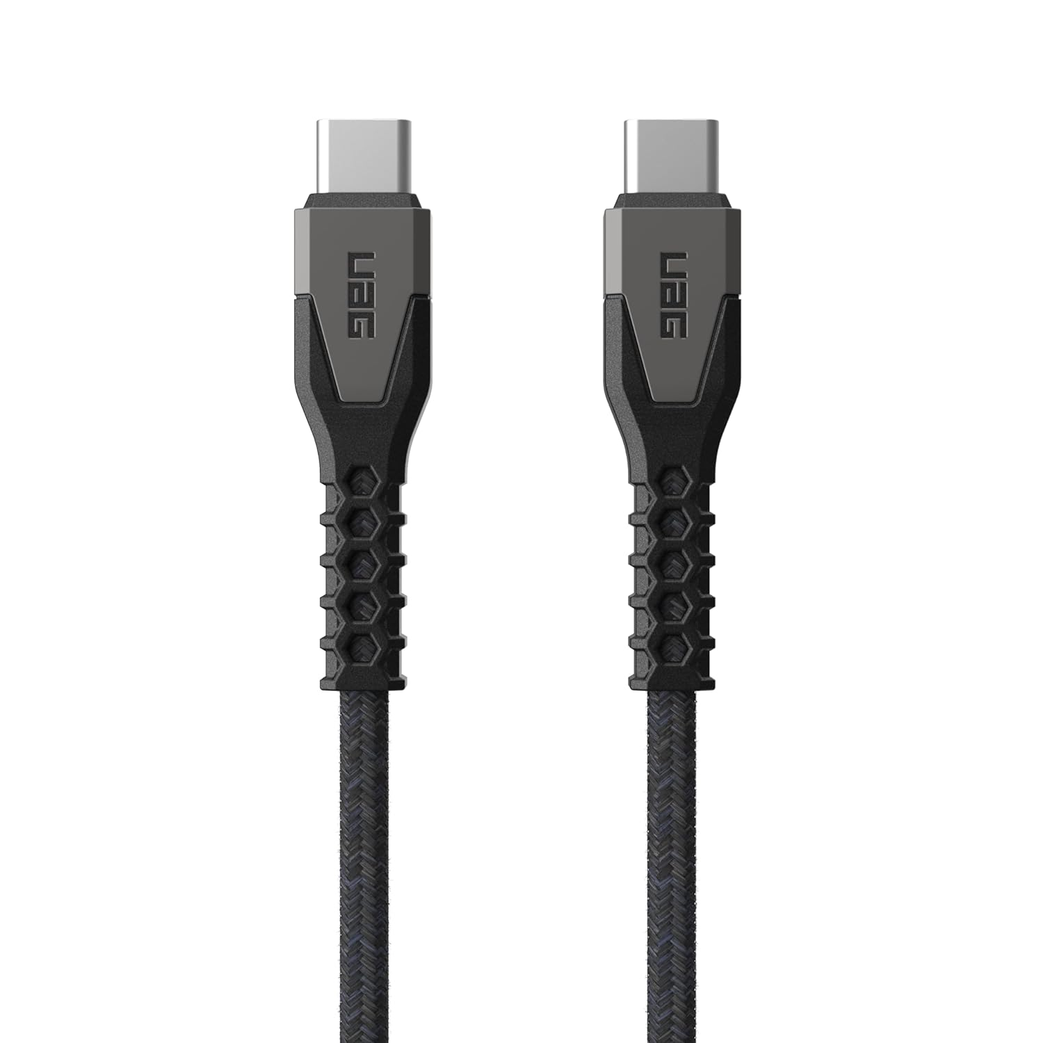 Dwa czarne kable USB-C z etykietami UAG. Złącza są widoczne.