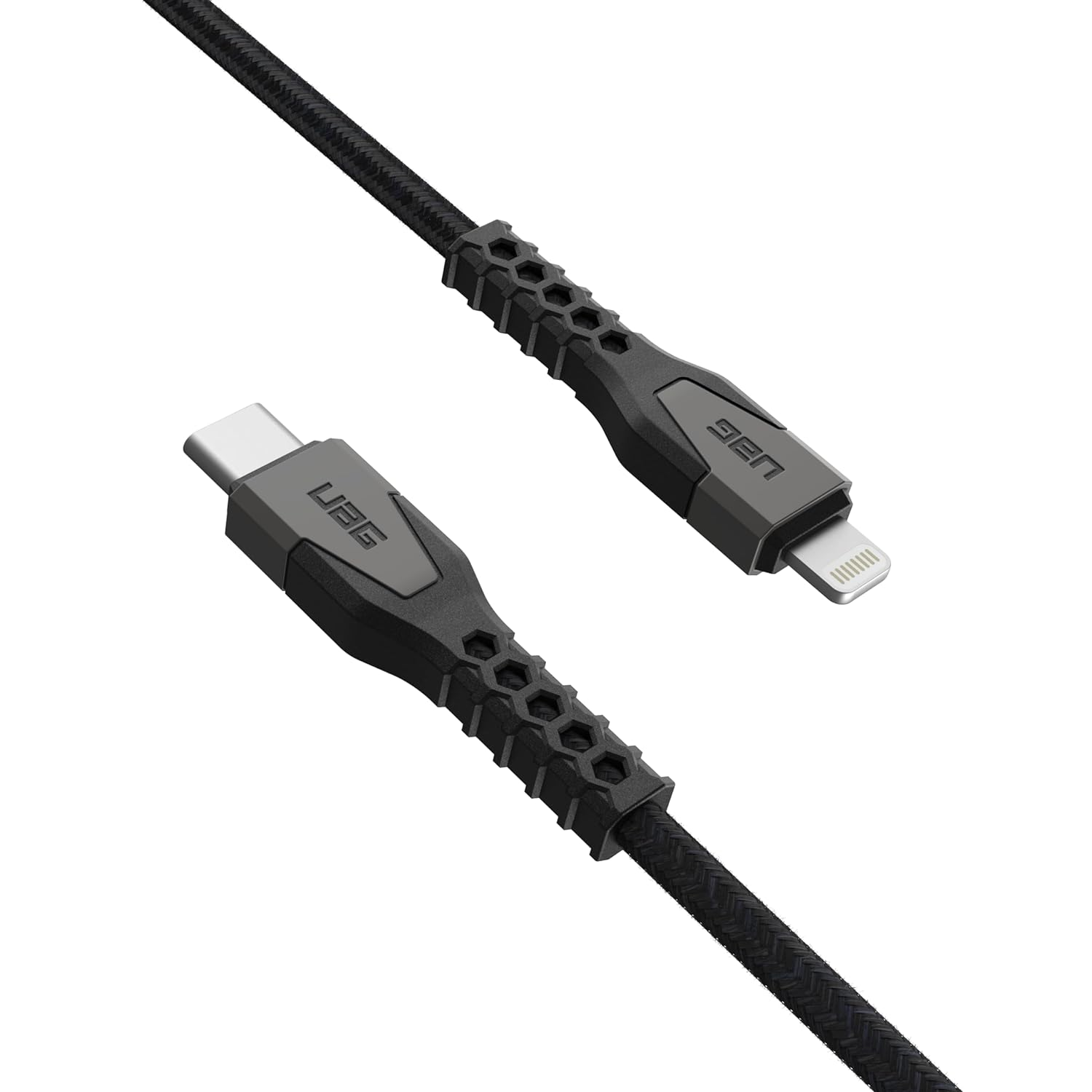 Un câble noir USB-C vers Lightning avec un design texturé et le nom de la marque aux deux extrémités.
