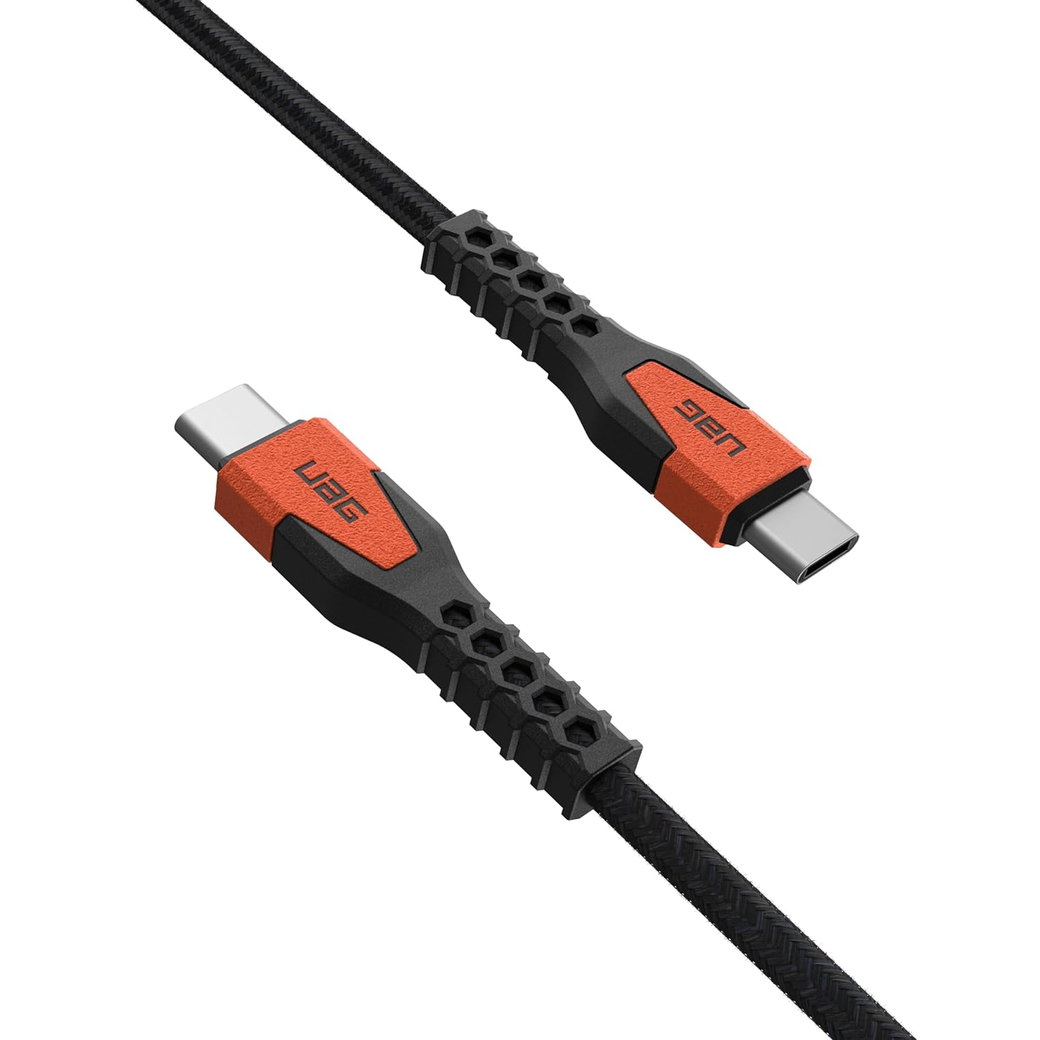 Czarny i pomarańczowy kabel USB-C z logo UAG. Jest na białym tle.