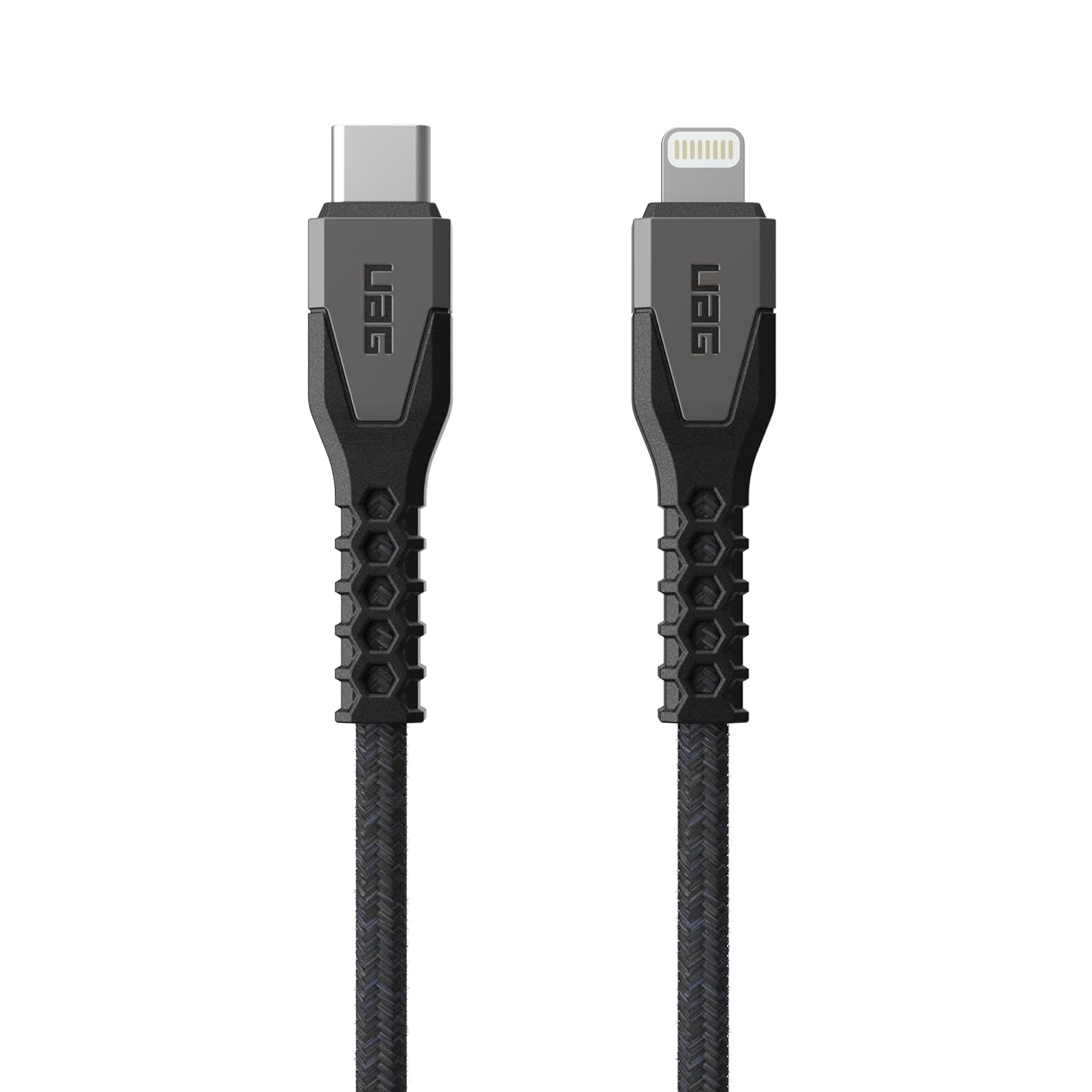 Connecteurs de câble USB-C et Lightning avec un câble tressé noir.