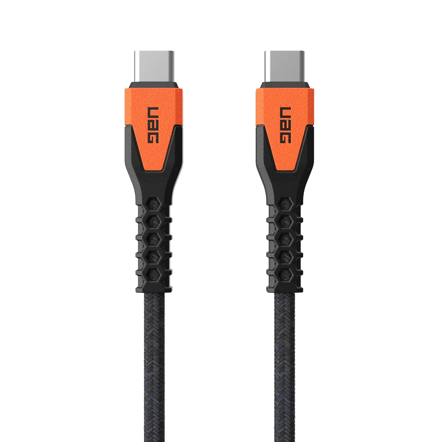 Dwa czarne i pomarańczowe kable USB-C. Kable mają pleciony wzór i logo UAG.