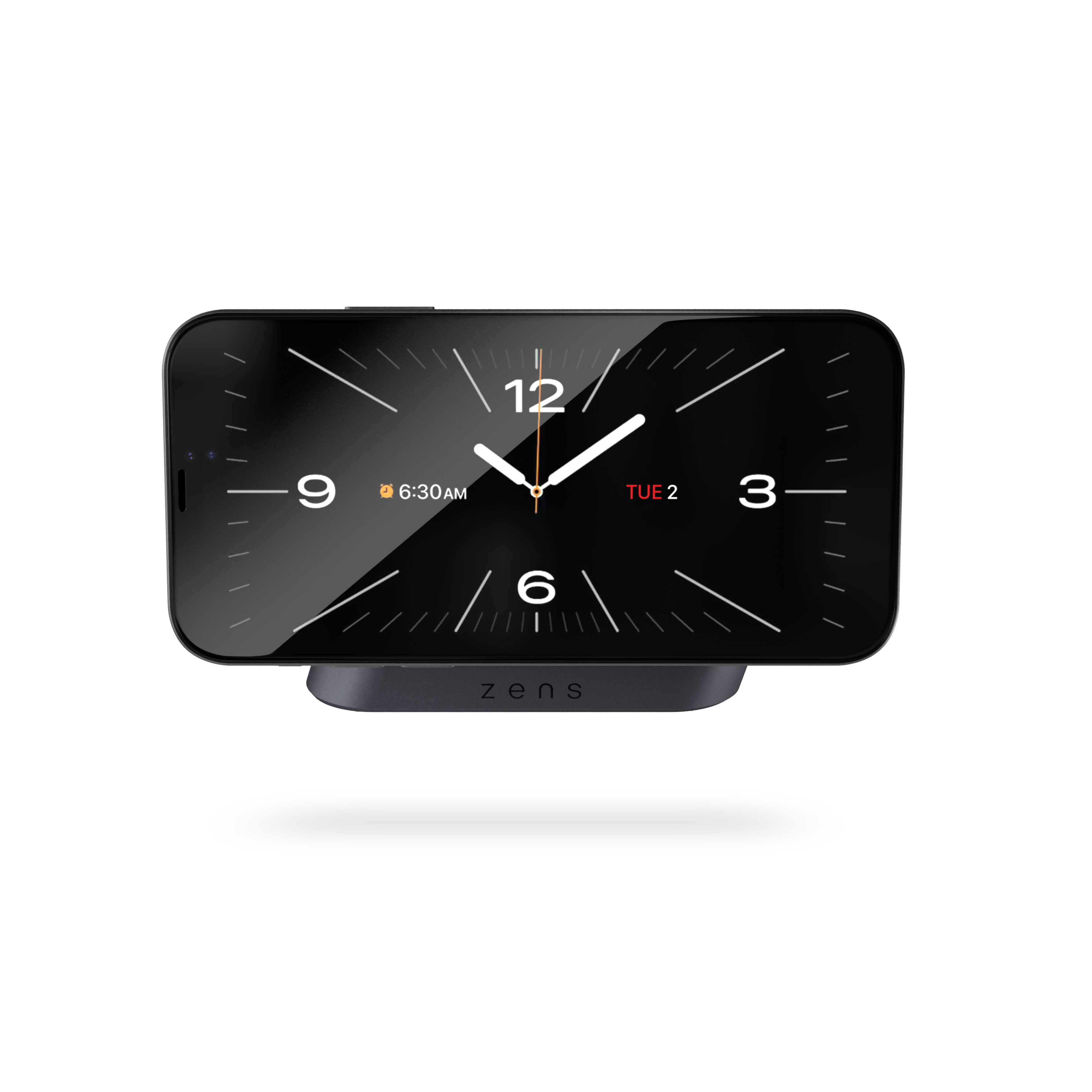Telefono nero su un supporto, che mostra un'interfaccia orologio. Sfondo bianco.