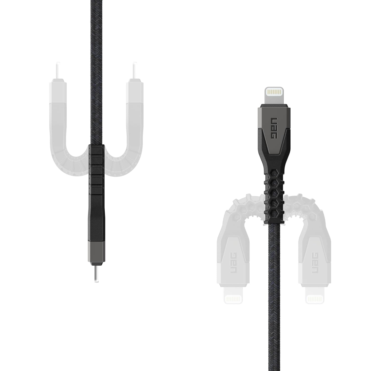 Câble tressé noir avec connecteurs de téléphone, montrant la marque UAG, sur fond blanc.