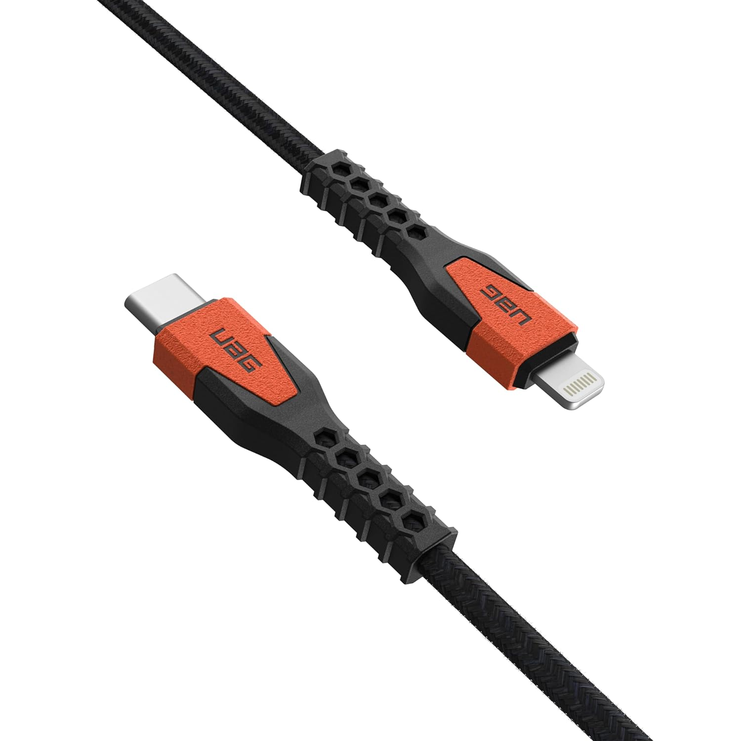 Câble USB-C vers Lightning noir et orange. Les connecteurs ont le texte UAG. Câble tressé noir.