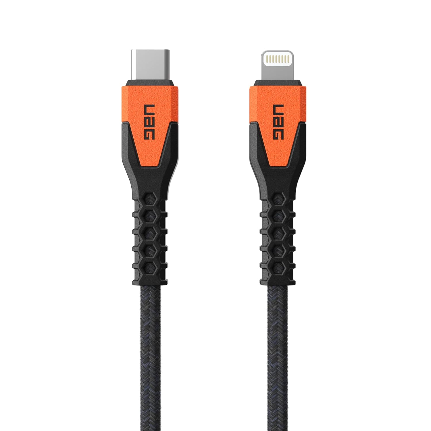 Deux câbles de chargement de téléphone avec connecteurs orange et noirs, un USB-C, un Lightning, sur fond blanc.