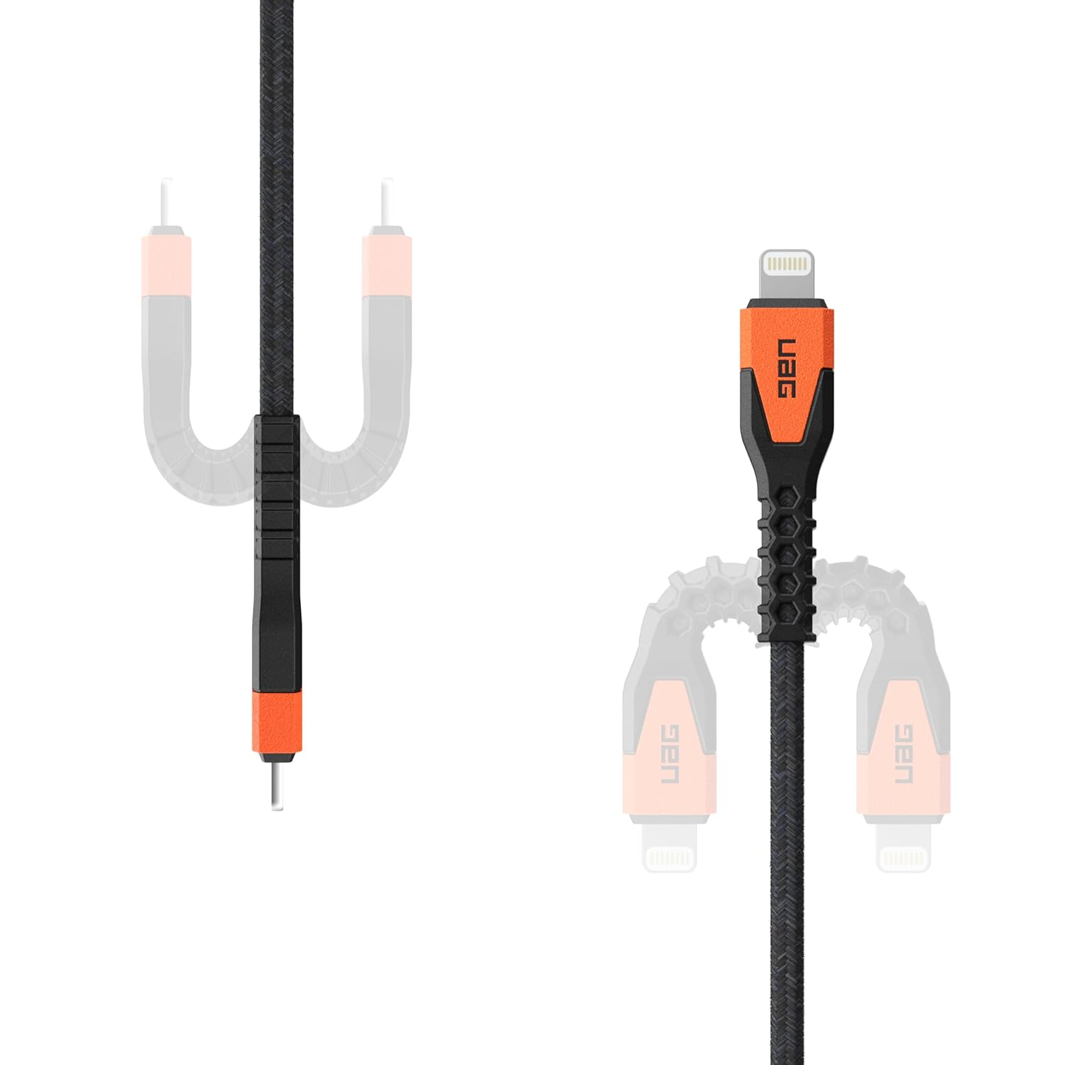 Câble de charge noir et orange avec connecteur Lightning et extrémités magnétiques.
