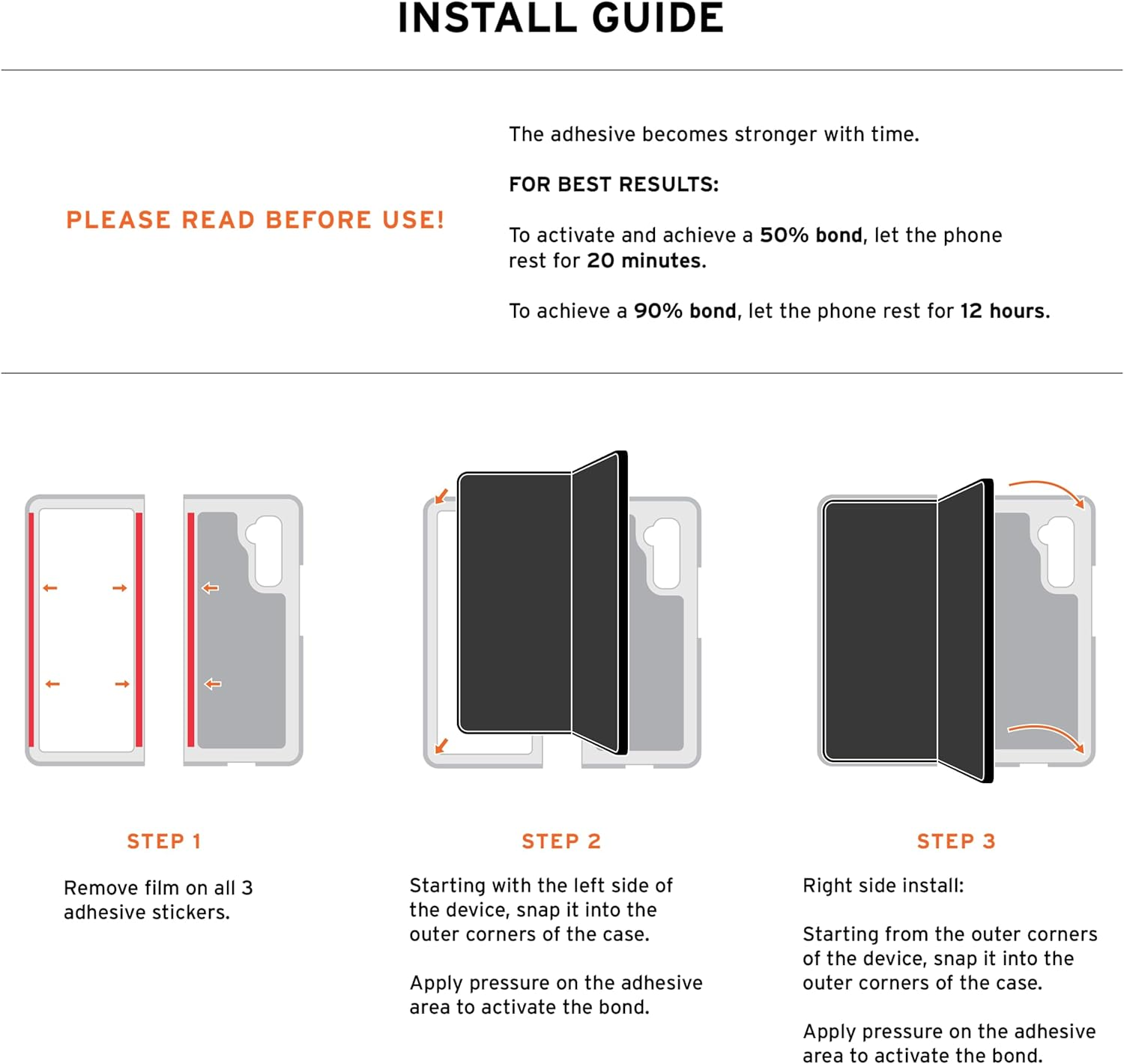 Installatiegids laat zien hoe je een hoesje op de telefoon aanbrengt. Het heeft drie stappen.