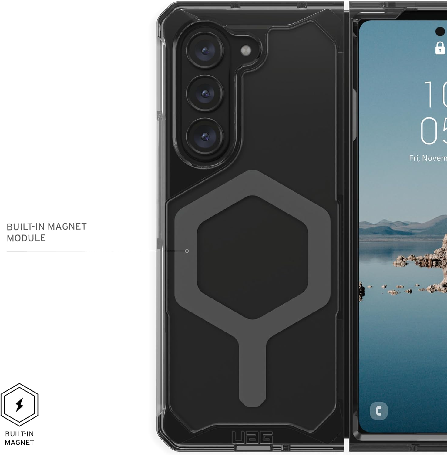 Telefoon in een zwarte hoes met een ingebouwde magneetmodule. De hoes heeft een robuust ontwerp.