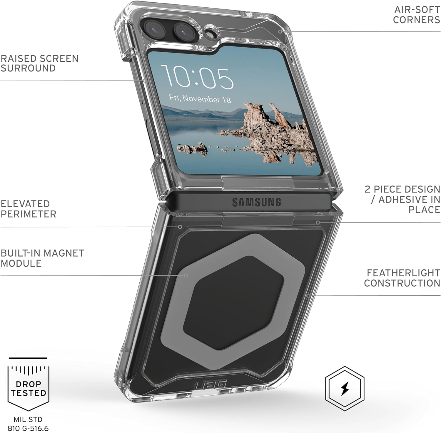 Telefonhülle, offen. Telefon in Hülle. Die Hülle ist transparent und zeigt das Telefon.
