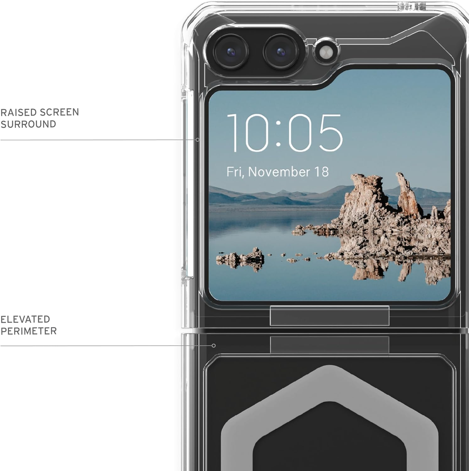 Geöffnetes Telefon mit Seeansicht. Transparente Hülle, schwarzer Boden. Text links.