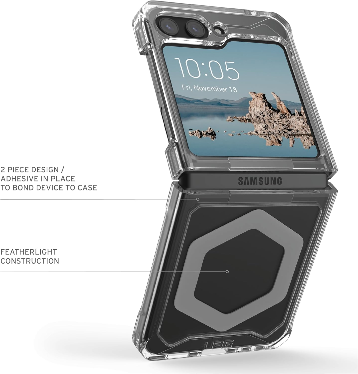 Klarer Handy-Schutz, gefaltetes Telefon mit Datumsanzeige, Text. Schwarz-graue Akzente. Samsung Logo.