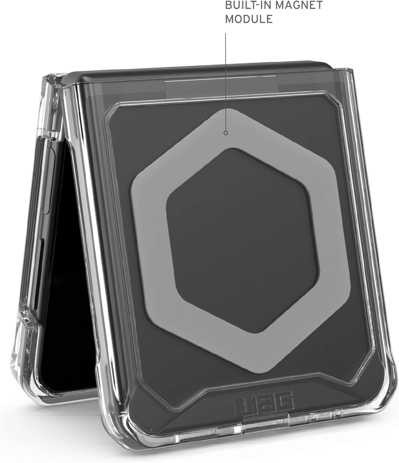 Transparente Handyhülle mit eingebautem Magnetmodul und Telefon darin.