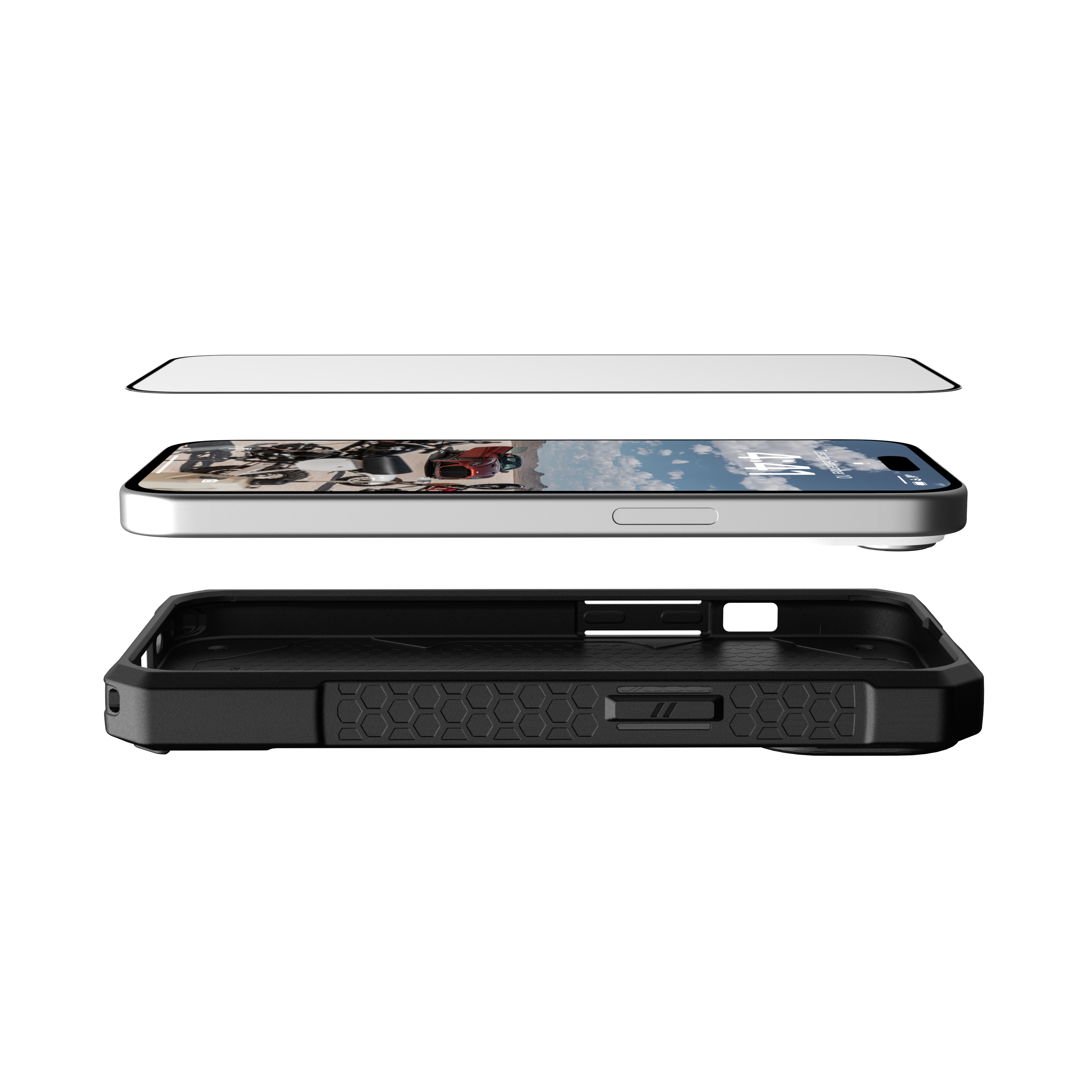 Telefoon met schermbeschermer en hoesje, met een zwarte achtergrond.