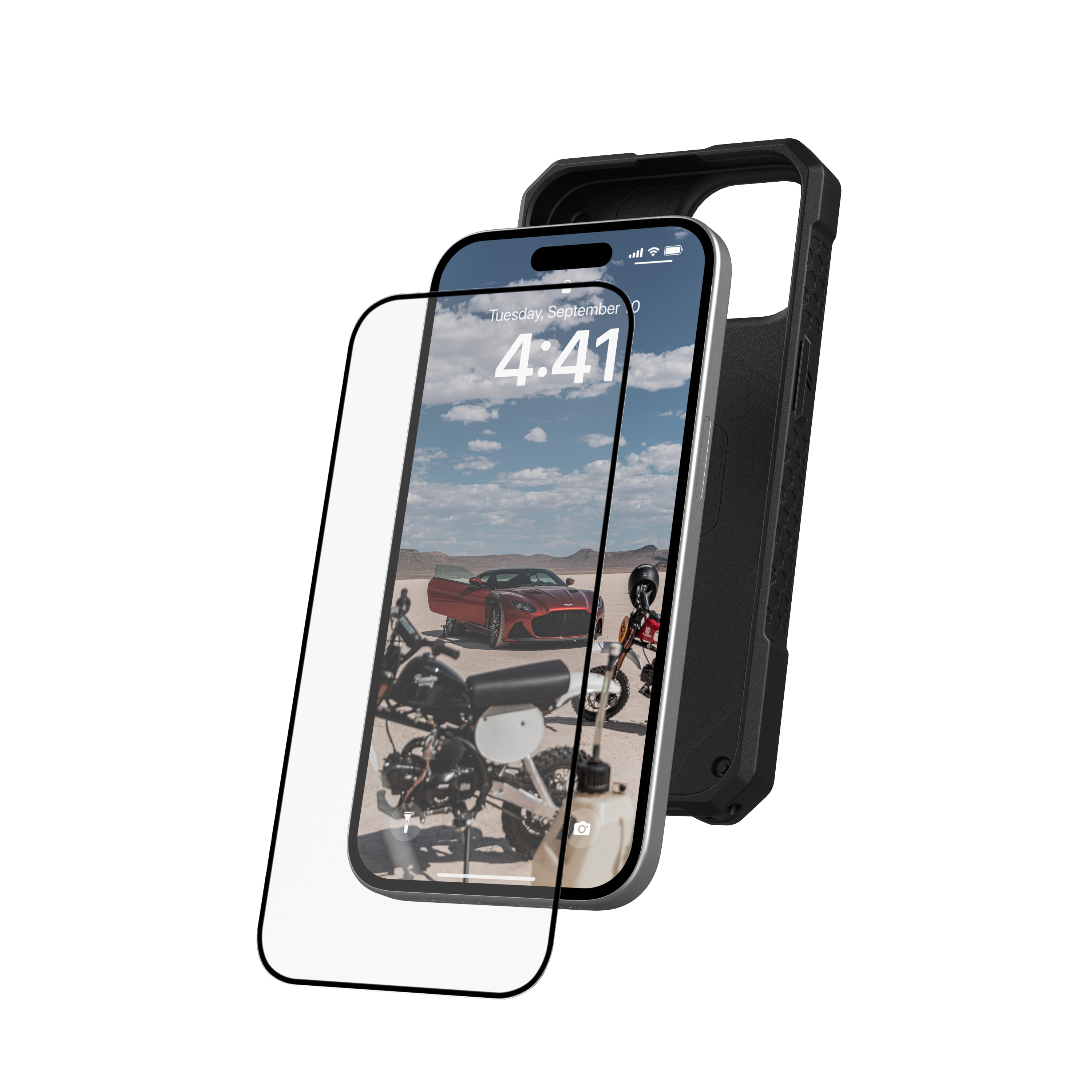 Telefoon met een schermbeschermer en hoesje, met een auto en motorfiets.