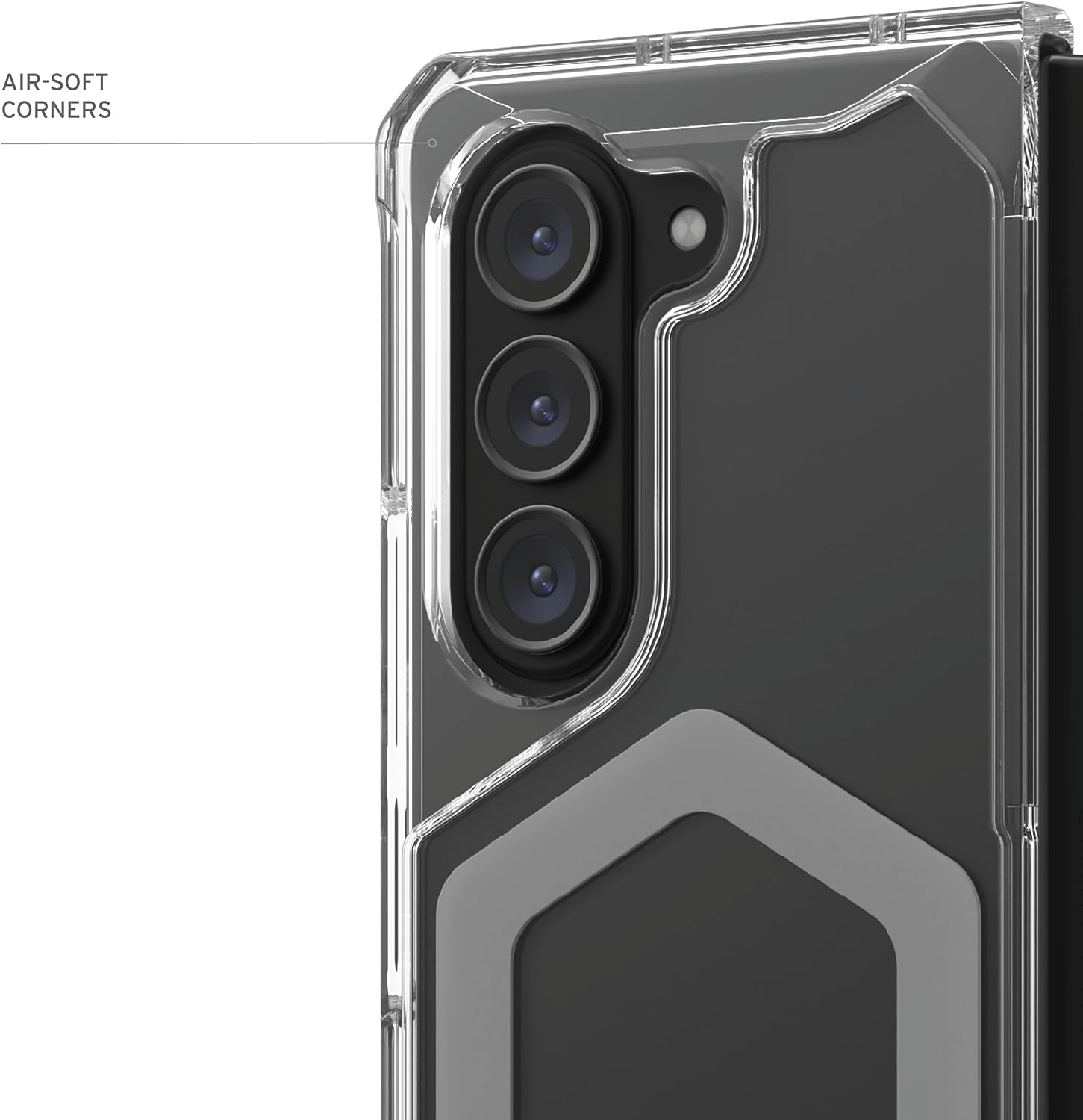Een telefoon met een doorzichtige beschermhoes, die de cameralenzen laat zien.