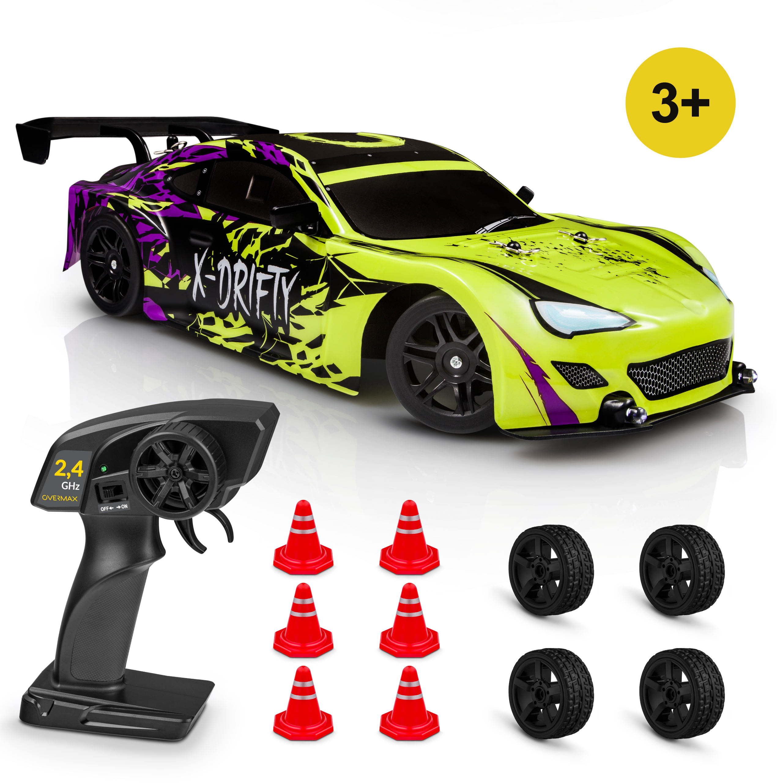 A yellow and purple RC car with accessories, including cones and a remote.