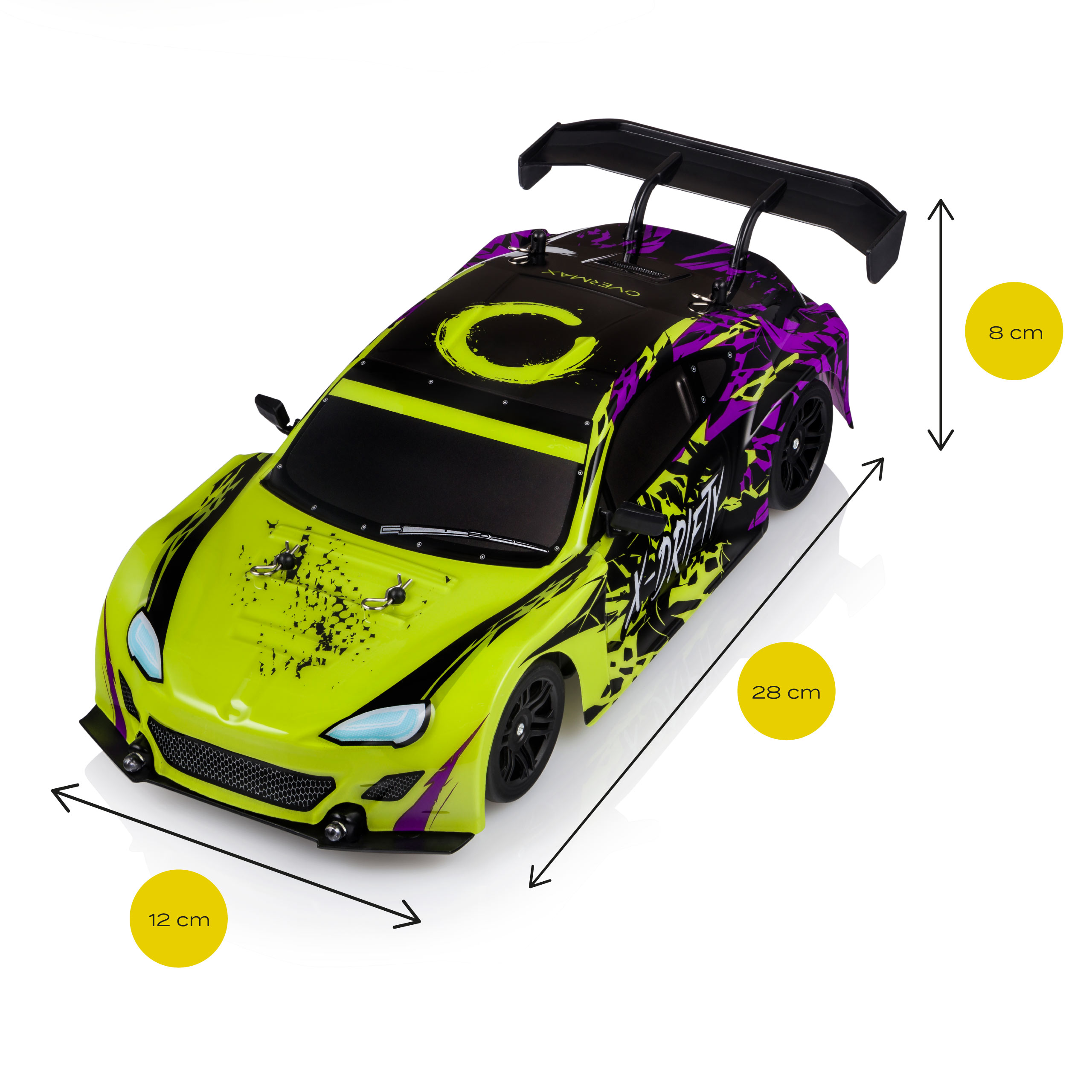 Coche de carreras de juguete verde y negro con dimensiones: 28 cm largo, 12 cm ancho, 8 cm alto.