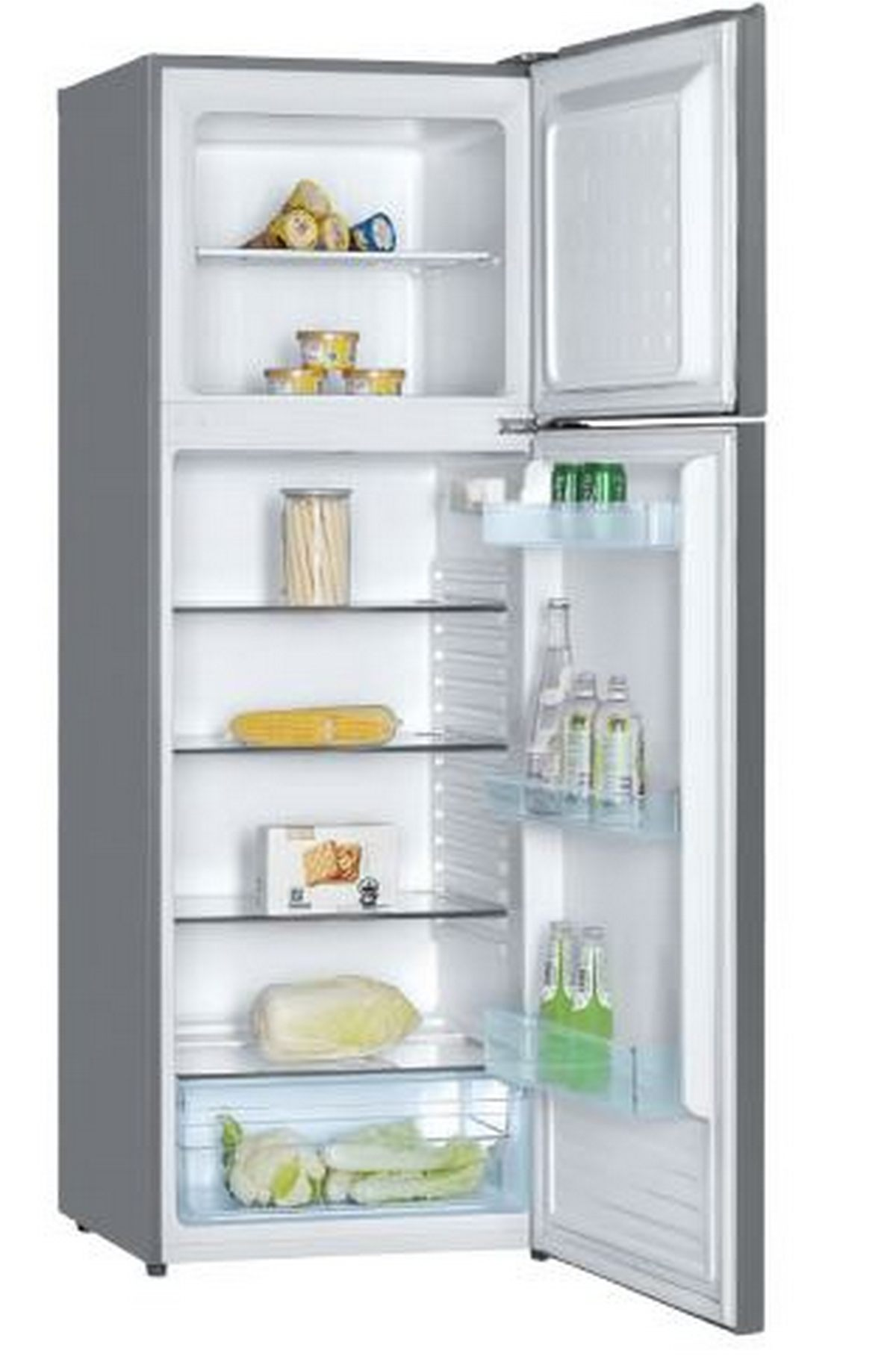 Refrigerador gris con la puerta abierta, mostrando el interior con comida.