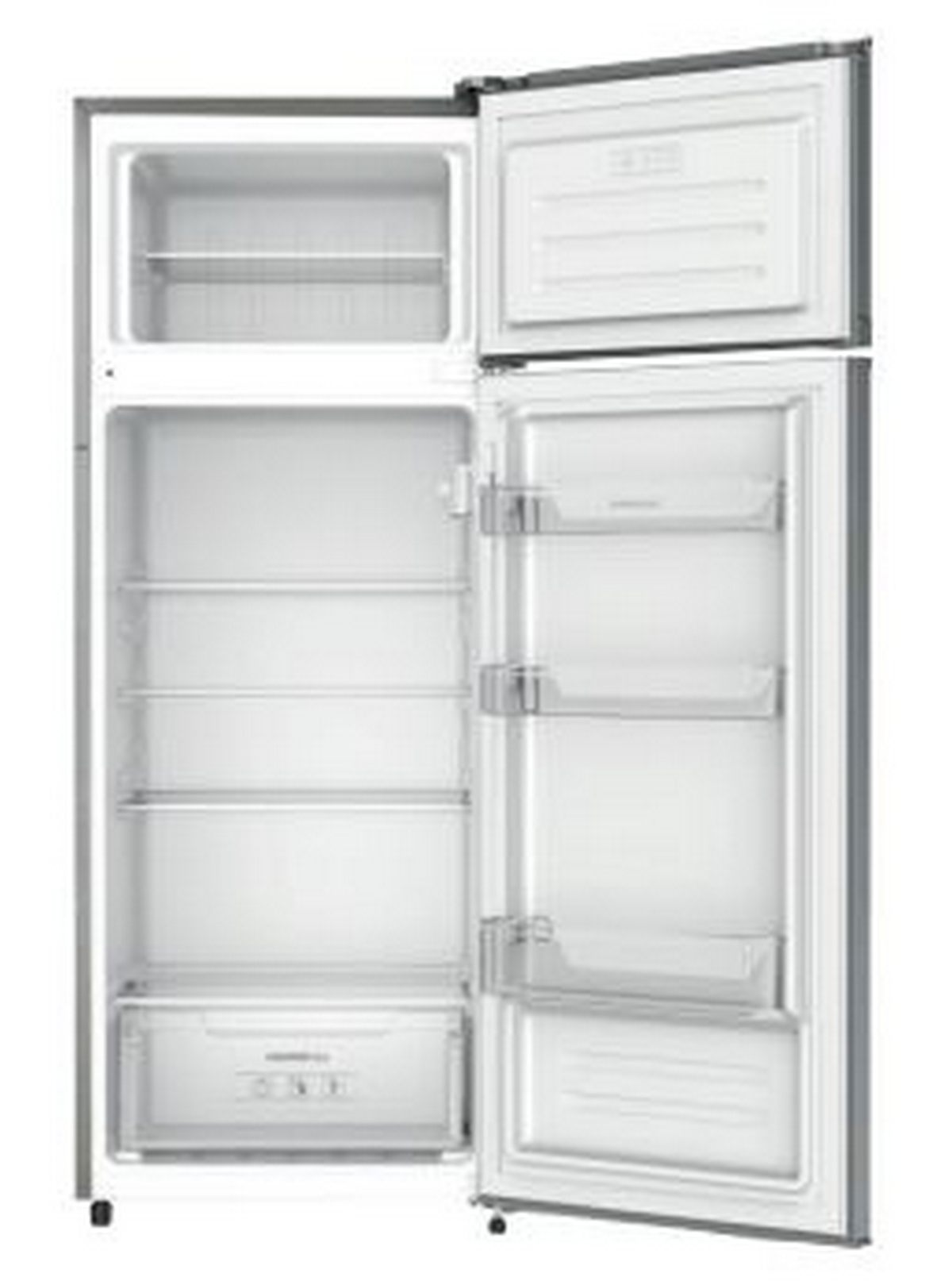 Un refrigerador blanco abierto con la puerta del congelador abierta. Se ven estantes y cajones.