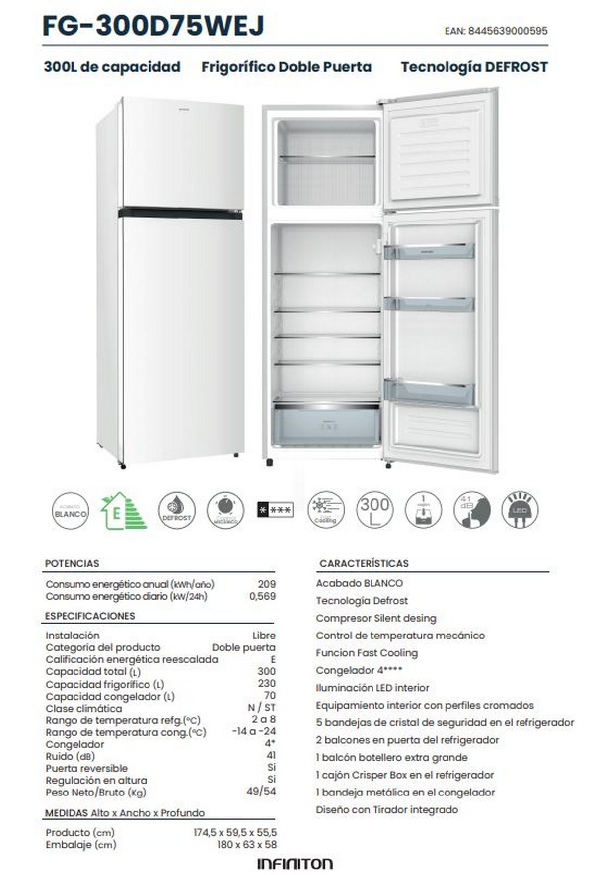 Un refrigerador blanco con información del producto. La imagen es una vista detallada de las especificaciones del aparato.