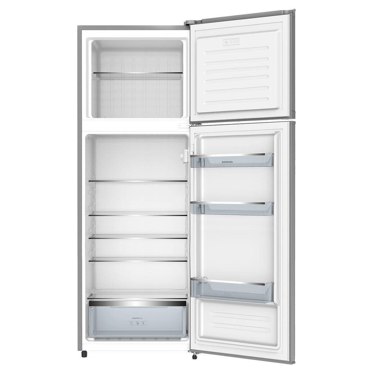 Refrigerador con puertas abiertas, con estantes y cajones.